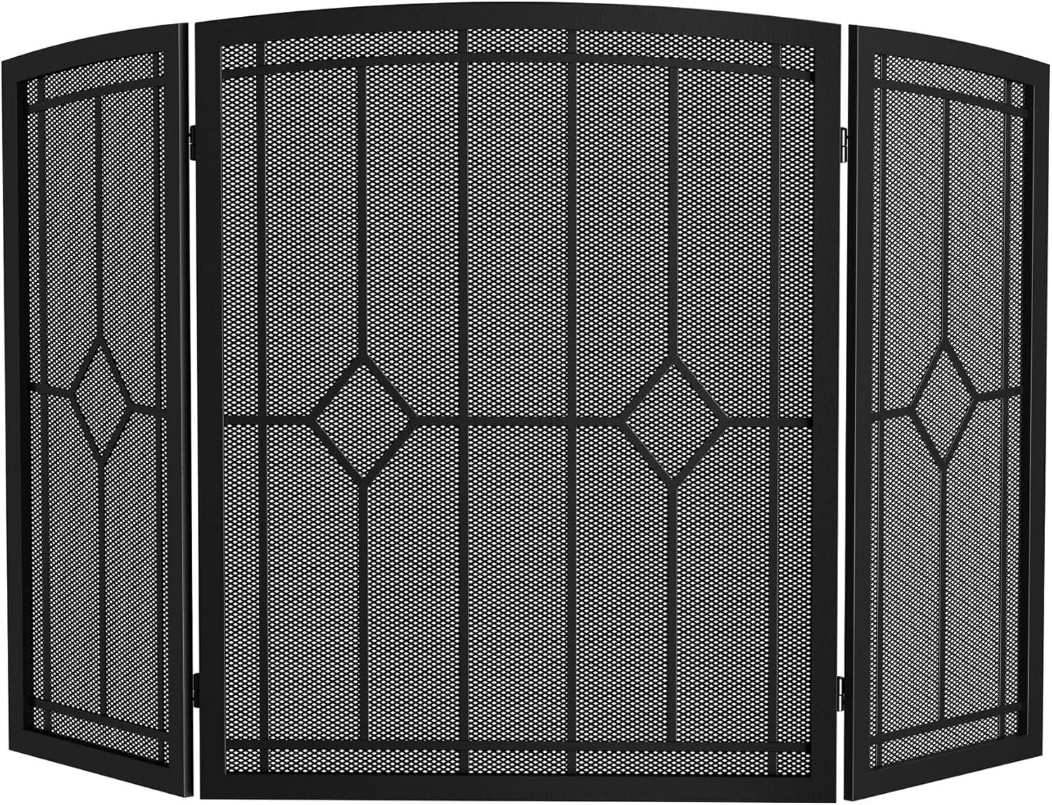 Classic Black Wrought Iron 3-Panel Fireplace Screen