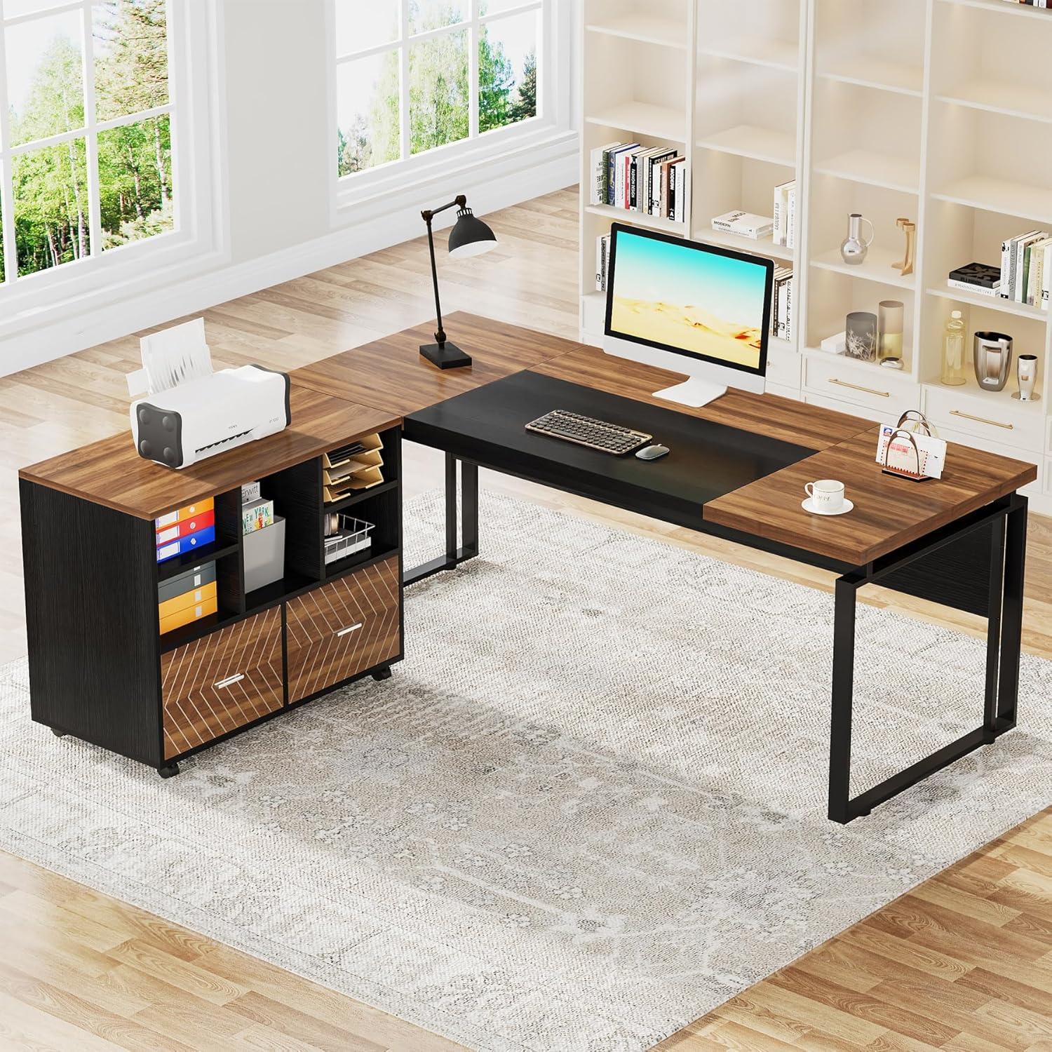 Tribesigns 63 inch L-Shaped Executive Desk with Reversible File Cabinet, Office Desk with Storage Drawers, Walnut & Black