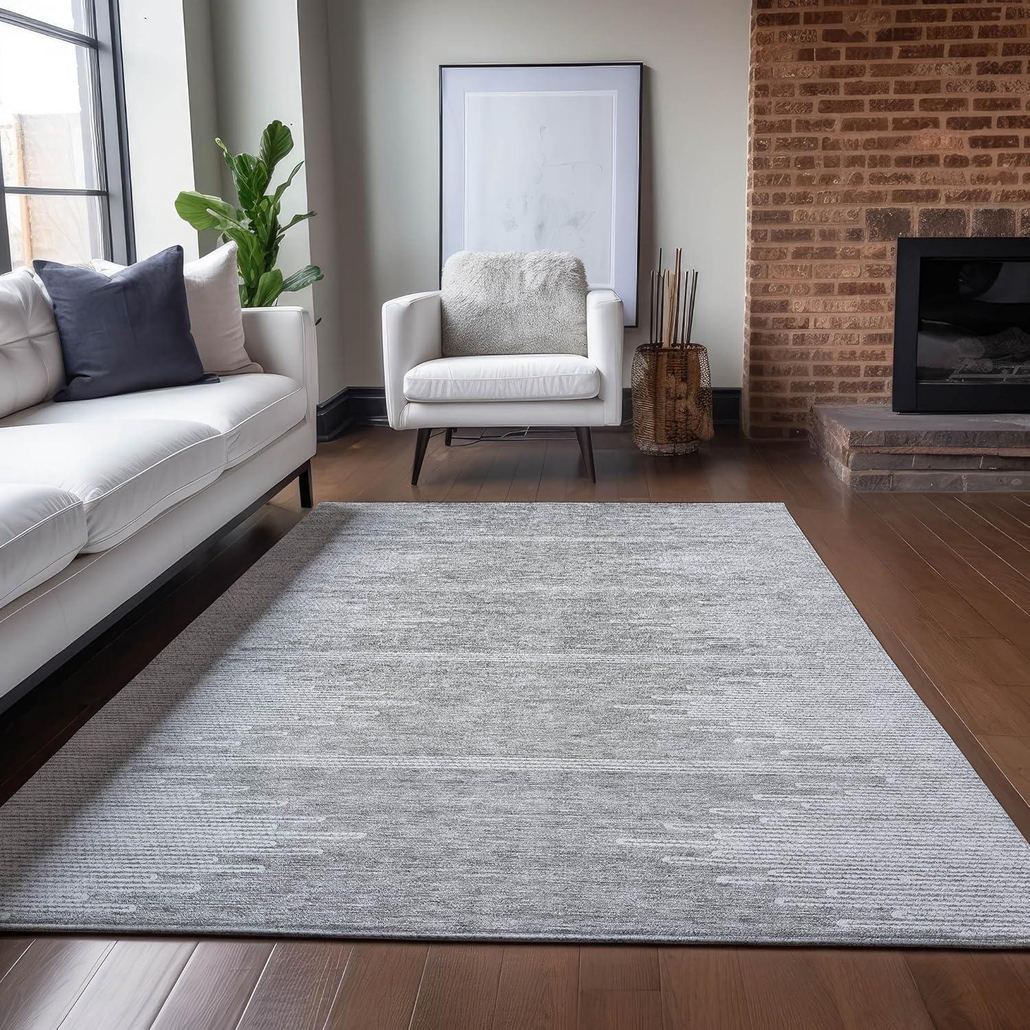 Gray Rectangular Machine-Washable Synthetic Area Rug