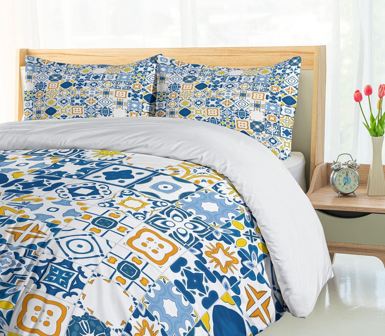 Ambesonne Mosaic Portuguese Azulejo with Mediterranean Arabesque Effect Print Duvet Cover Set