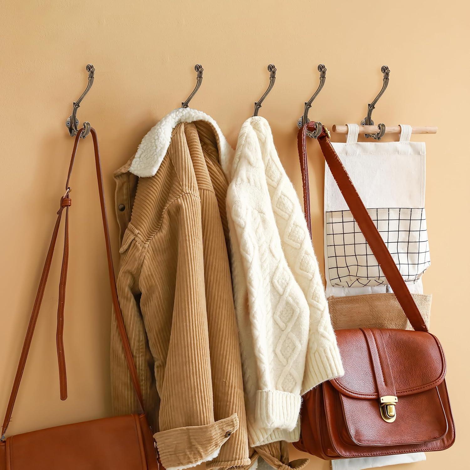 CRAFTSMAN ROAD Vintage Cast Iron Wall Hooks (Antique Brass Finish, Set of 4) - Rustic, Farmhouse, French Country Coat Hooks | Great for Coats, Bags, Towels, Hats | French Slender