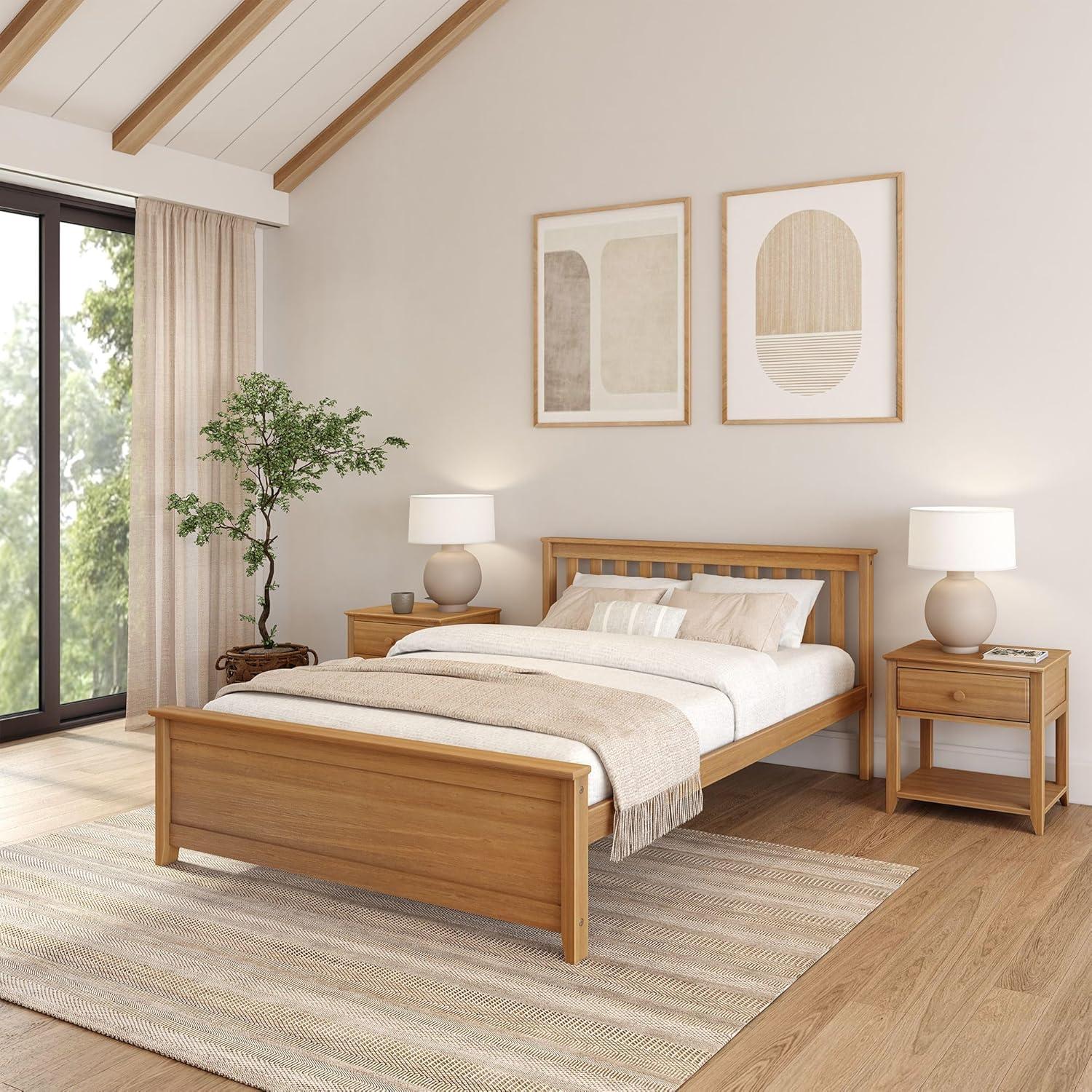 Plank+Beam Queen Bed Frame with Slatted Headboard Solid Wood Platform Bed, No box Spring Needed, Pecan