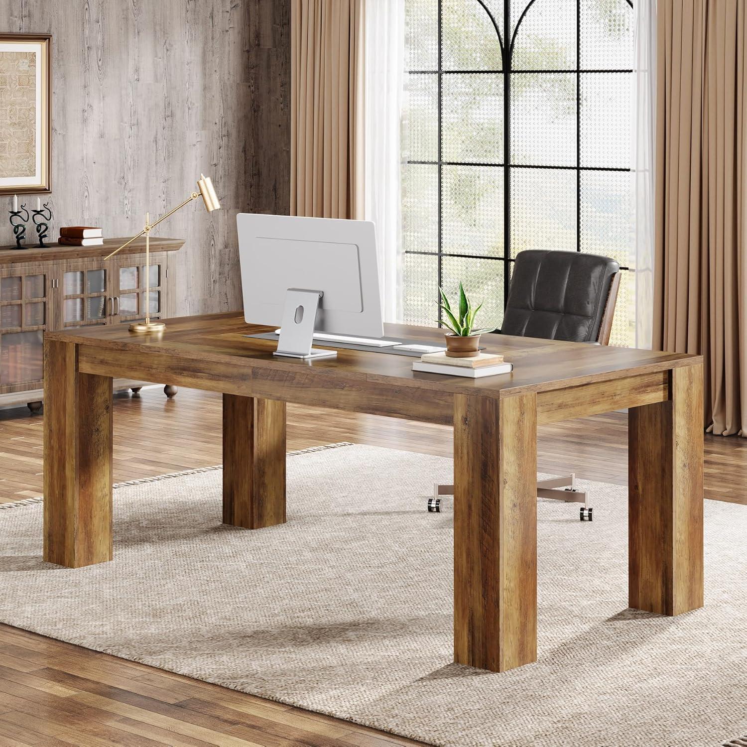 Tribesigns 63-Inch Executive Computer Desk, Industrial Writing Table with Solid Wooden Base for Home Office, Brown