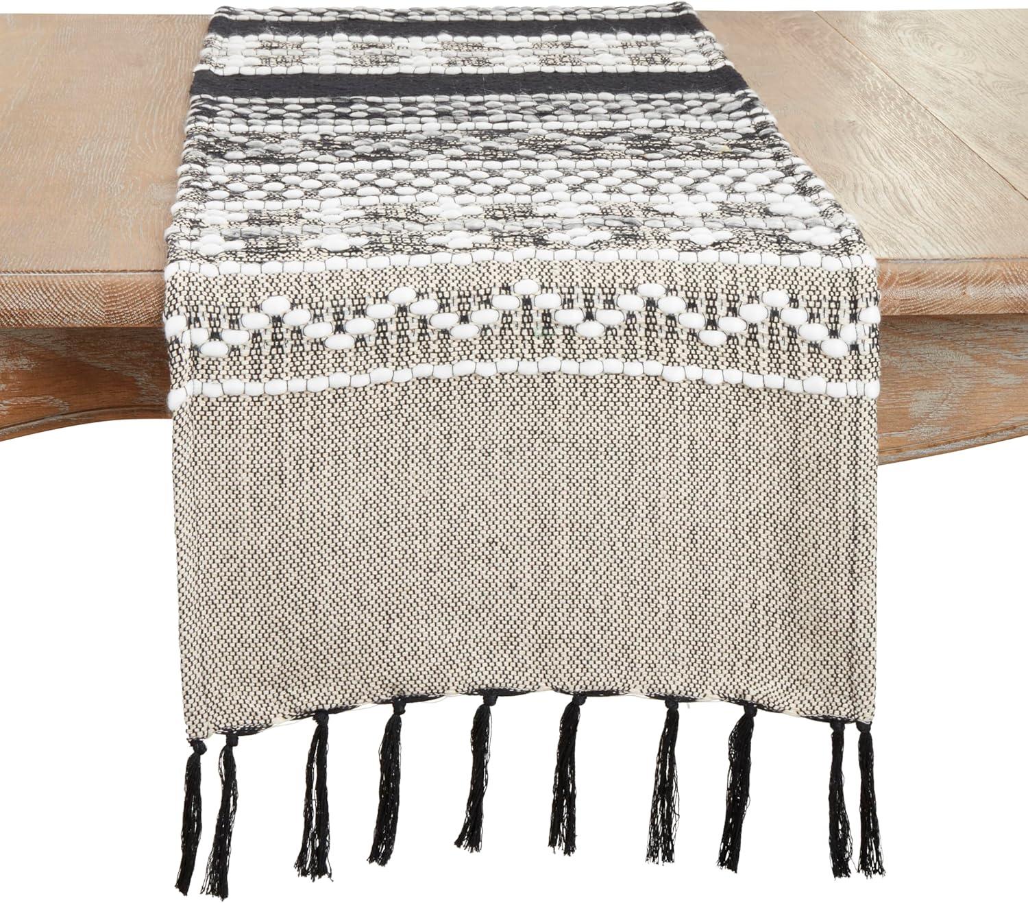 Saro Lifestyle Crafted Multi-Pattern Fringed Table Runner, Black, 16"x72"