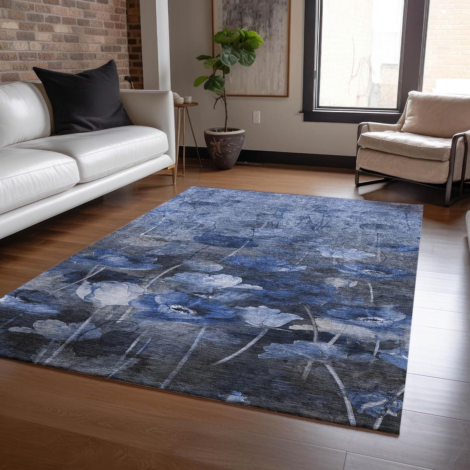 Blue Floral Machine-Washable Non-Slip 3' x 5' Area Rug