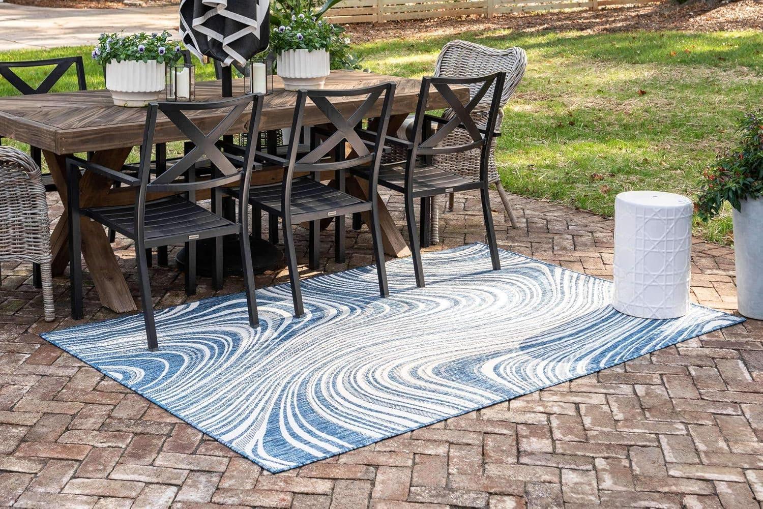 Modern Abstract Blue Wave Outdoor Rug, 5' x 8' Rectangular, Easy-Care Synthetic