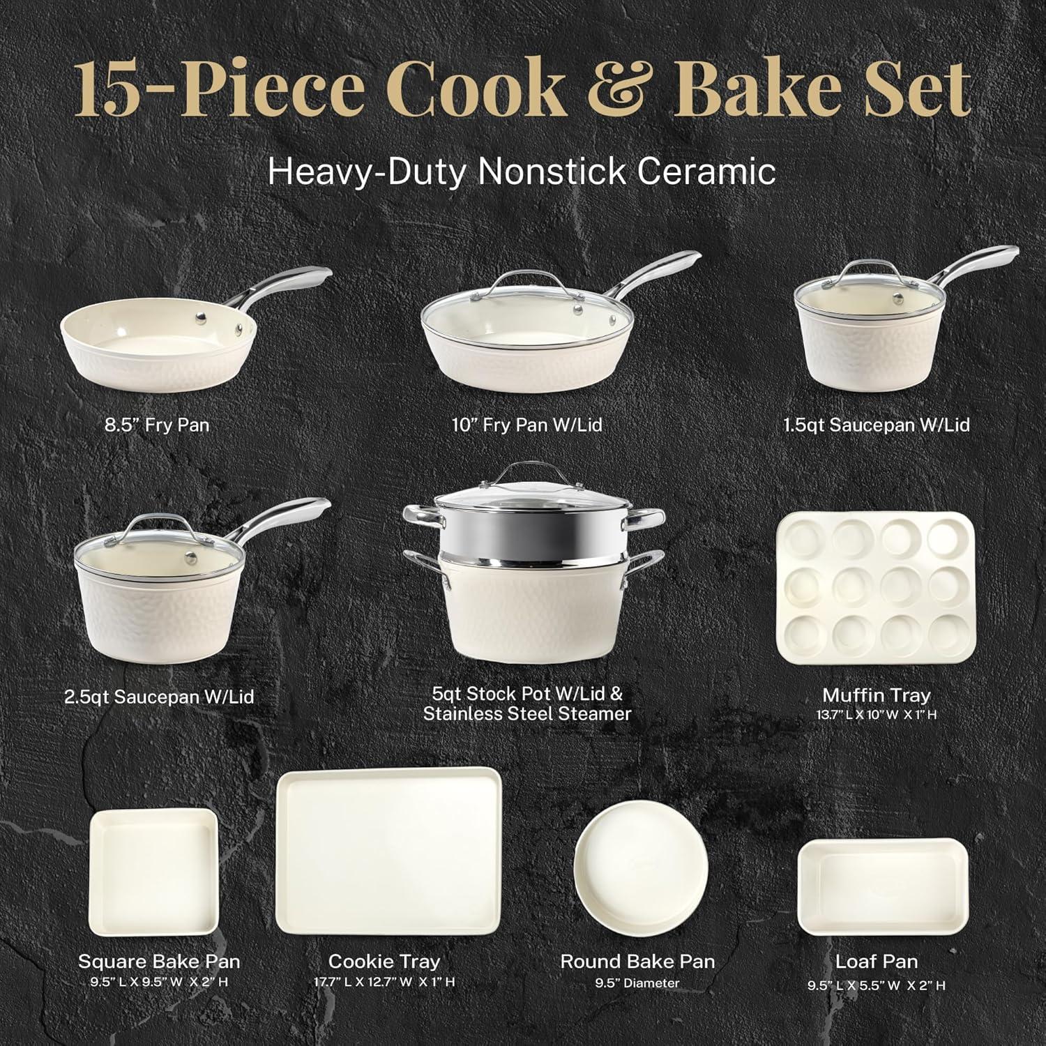 Gotham Steel Nonstick Pots and Pans 15 Piece Set Ceramic Cookware Kitchen Set Hammered Includes Frying Skillet, Cream