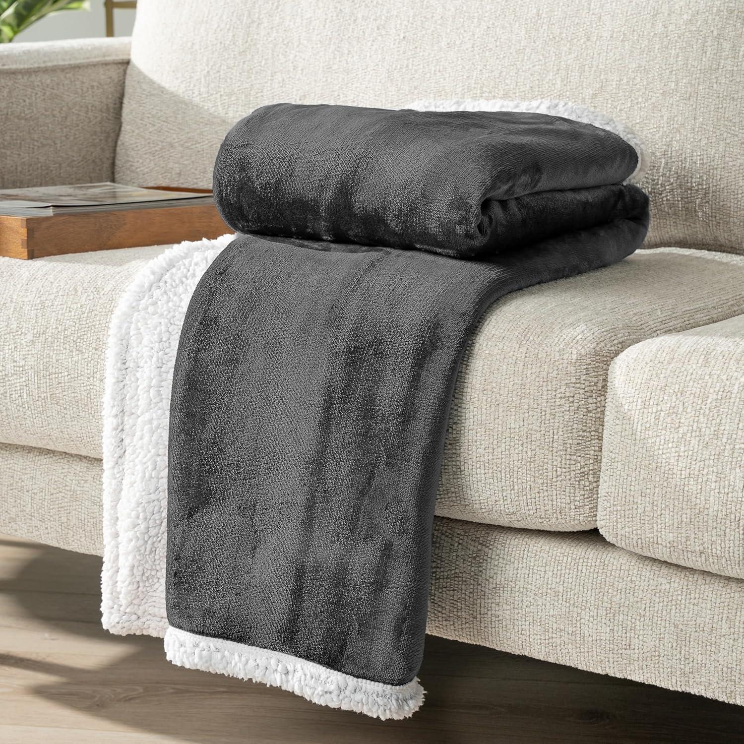 PAVILIA Premium Faux Shearling Fleece Throw Blanket for Bed, Reversible Warm Blanket for Couch Sofa