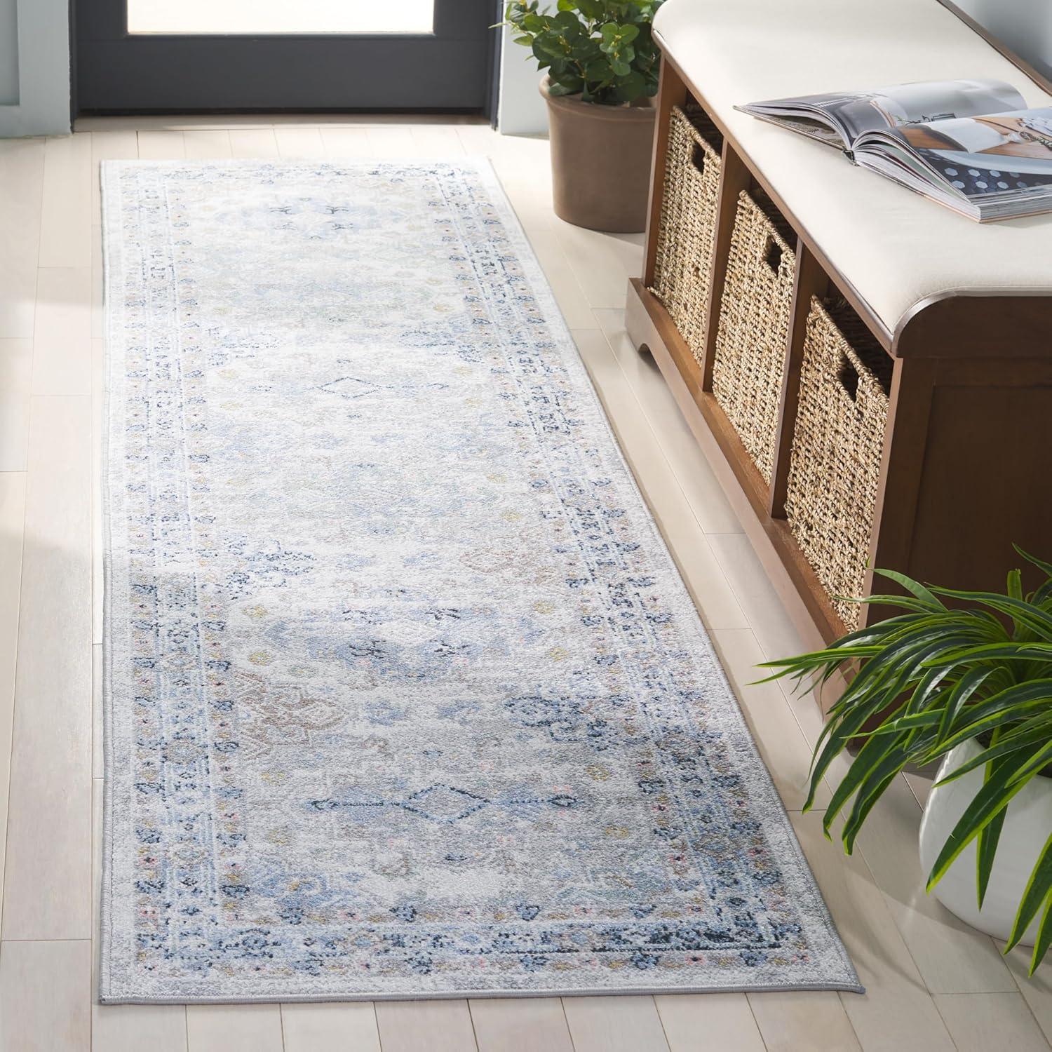 SAFAVIEH Bayside Zoja Oriental Polyester Machine Washable Runner Rug, Grey/Blue, 2'2" x 8'