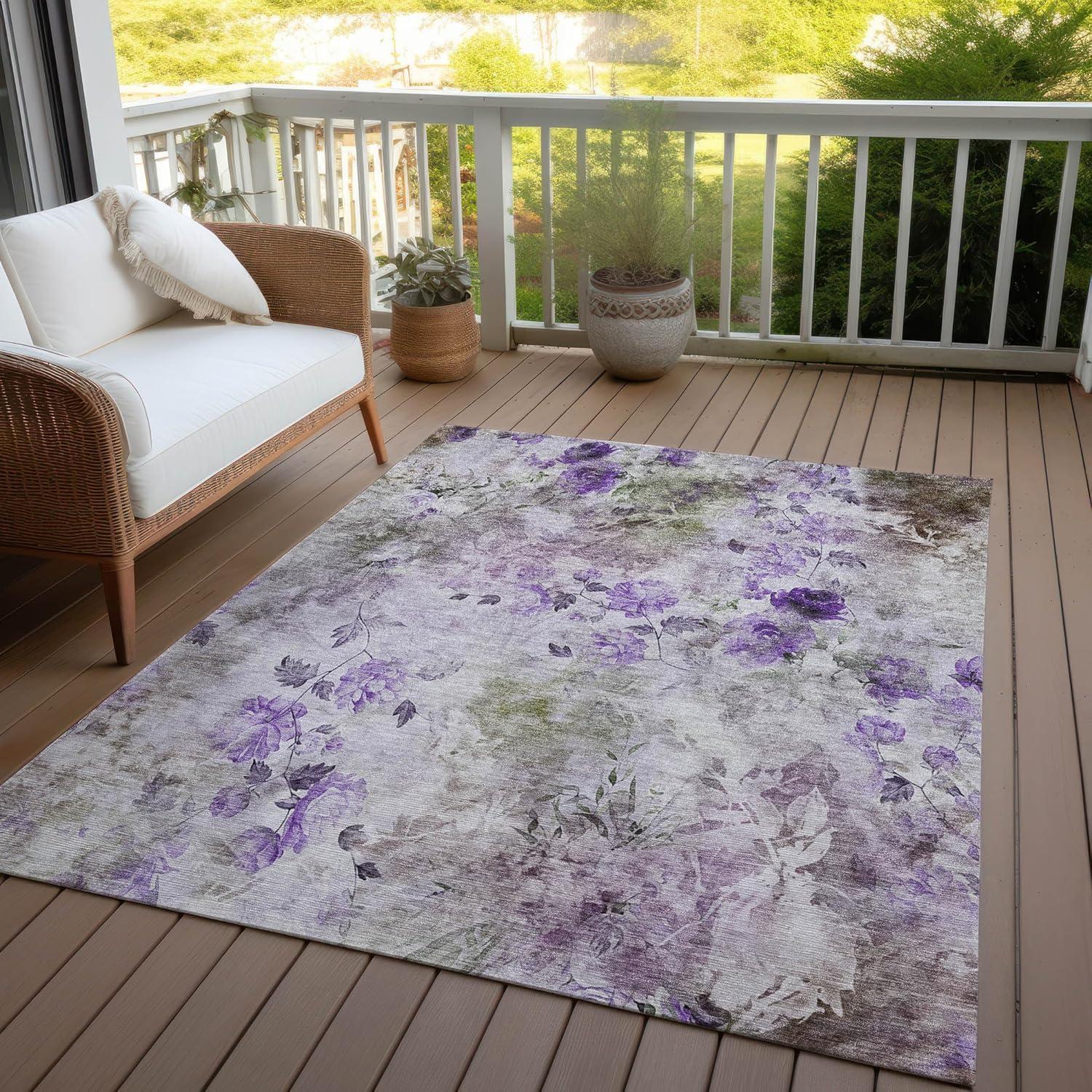 Purple Floral Synthetic 5' x 7' Washable Reversible Rug