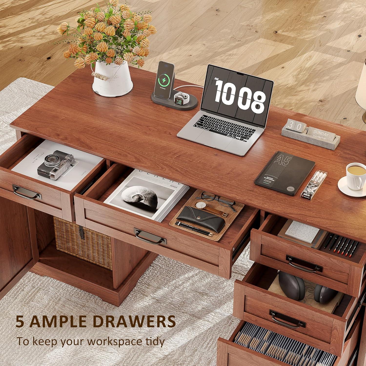 August Grove® Clabe 55'' Farmhouse Executive Desk with Drawers, File Cabinet and Power Outlets