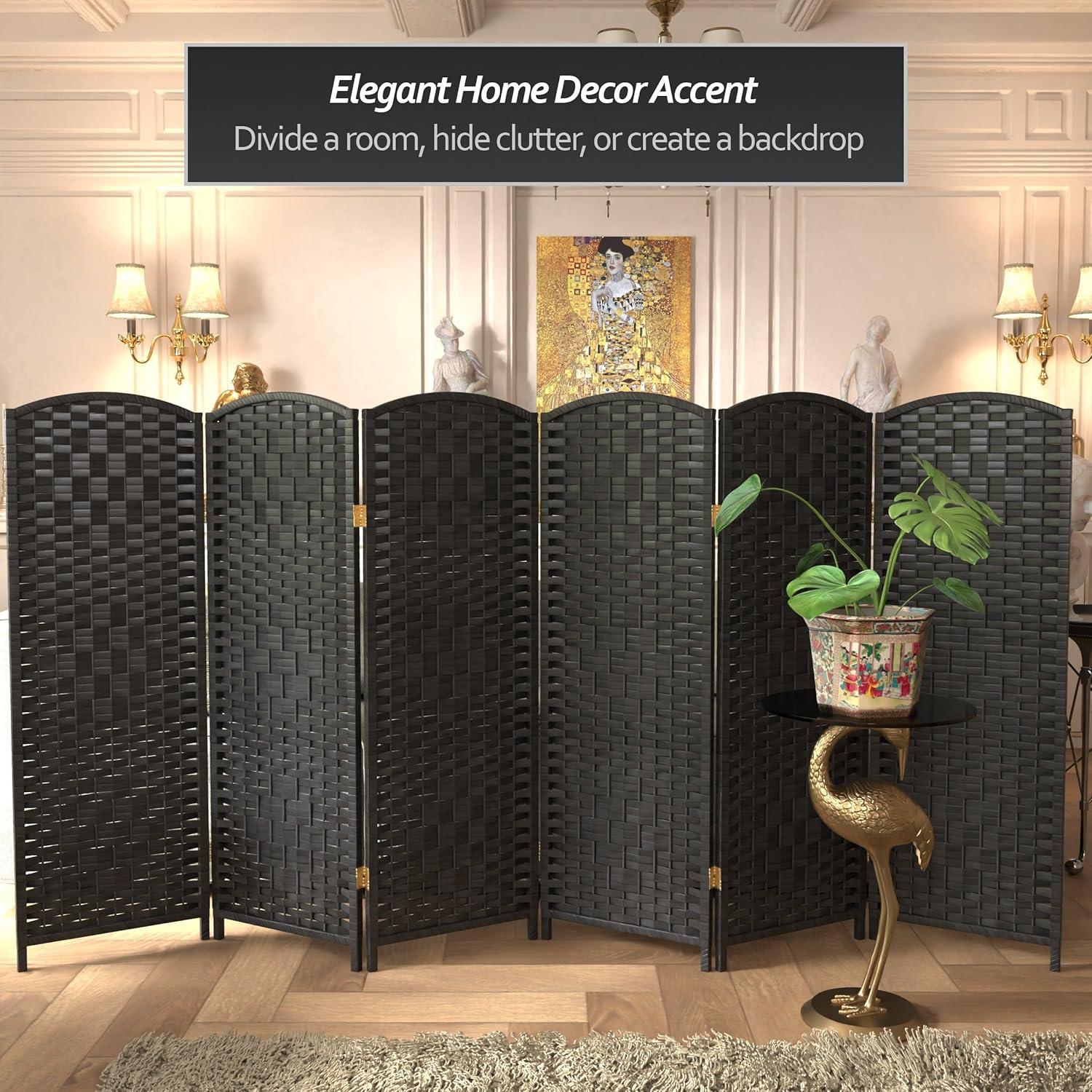 4 ft. Short Diamond Weave Fiber Folding Screen - Black - 6 Panel