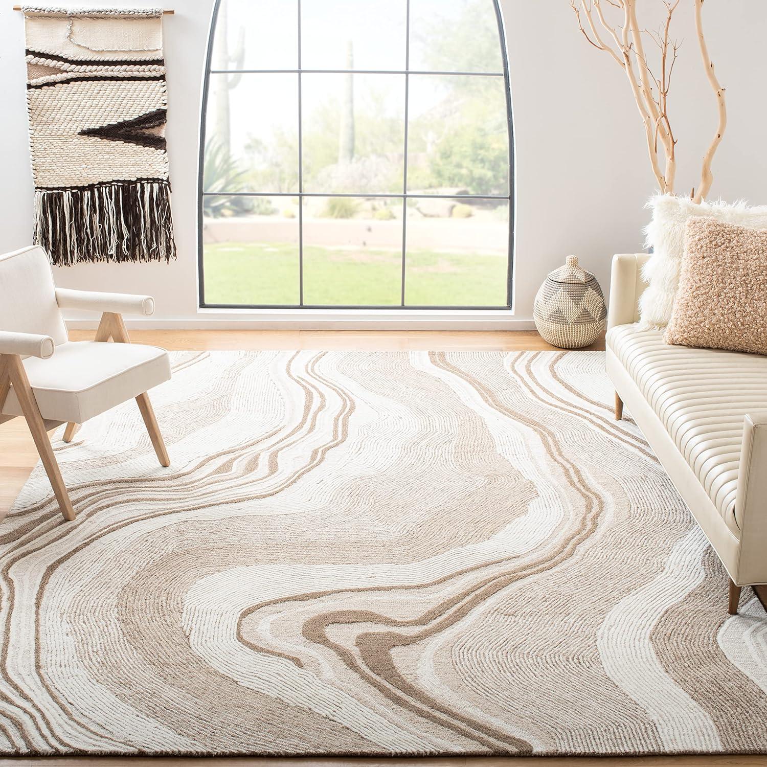 Ivory and Beige Abstract Wool Silk 9' x 12' Rug