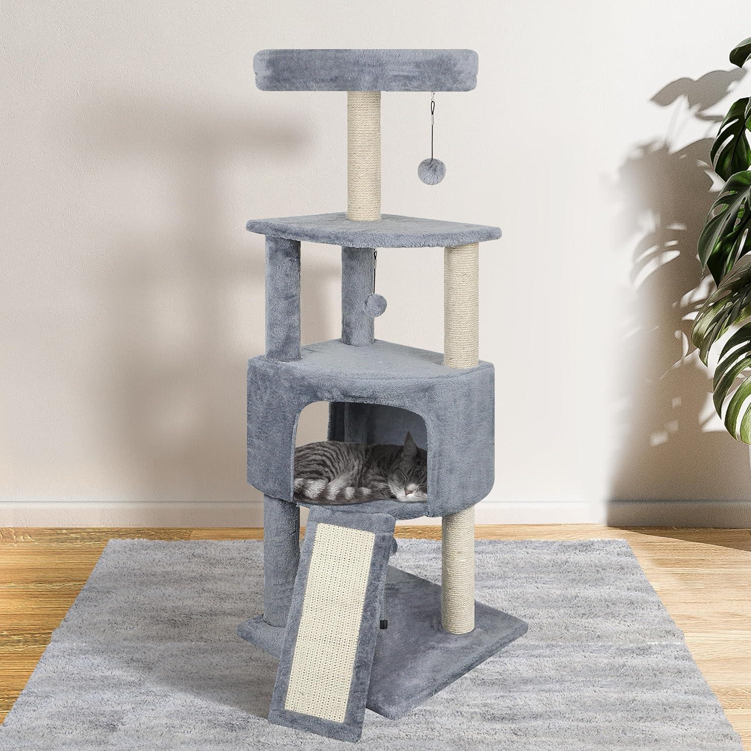 45" Gray Cat Tree Tower with Condo and Scratching Post