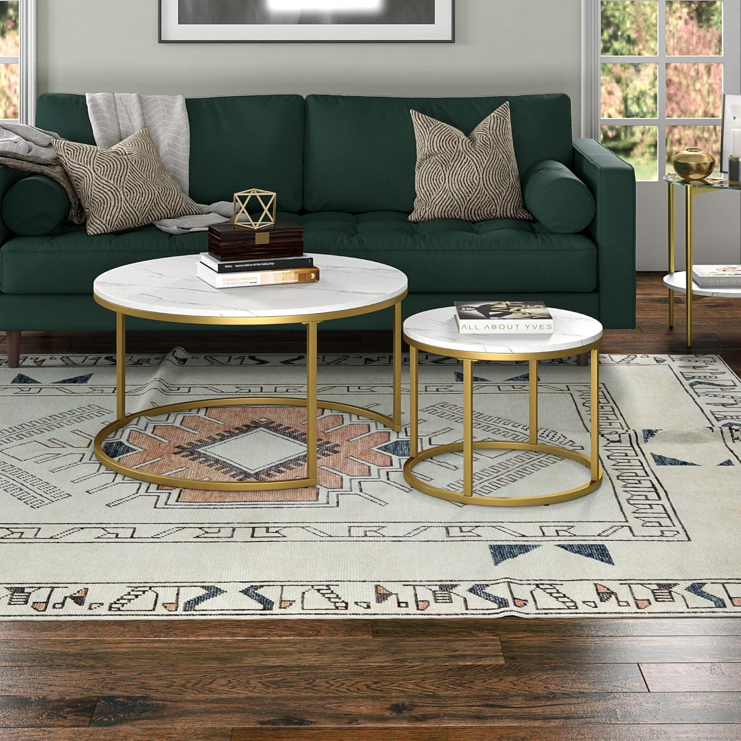 Carrara Faux Marble and Gold Round Nesting Coffee Table Set