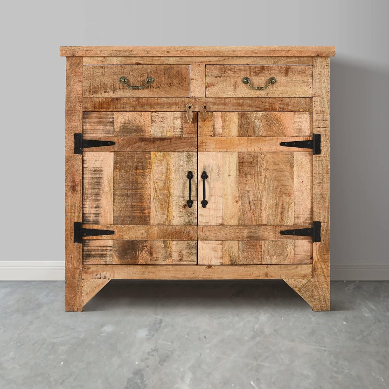 The Urban Port 39" Artisanal Farmhouse Style 2 Drawer Mango Wood Cabinet Console with 2 Door Storage Rustic Brown