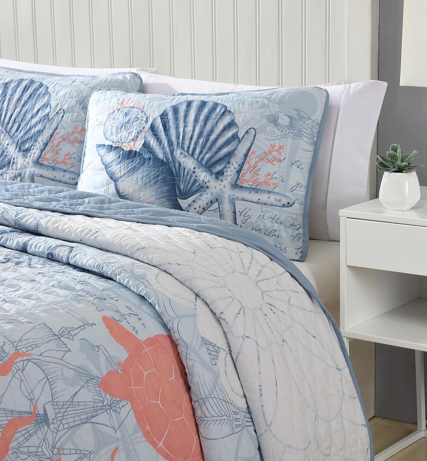 Caribbean Joe  Coastal 3PC Quilt Set Coral Turtle - Full - Queen