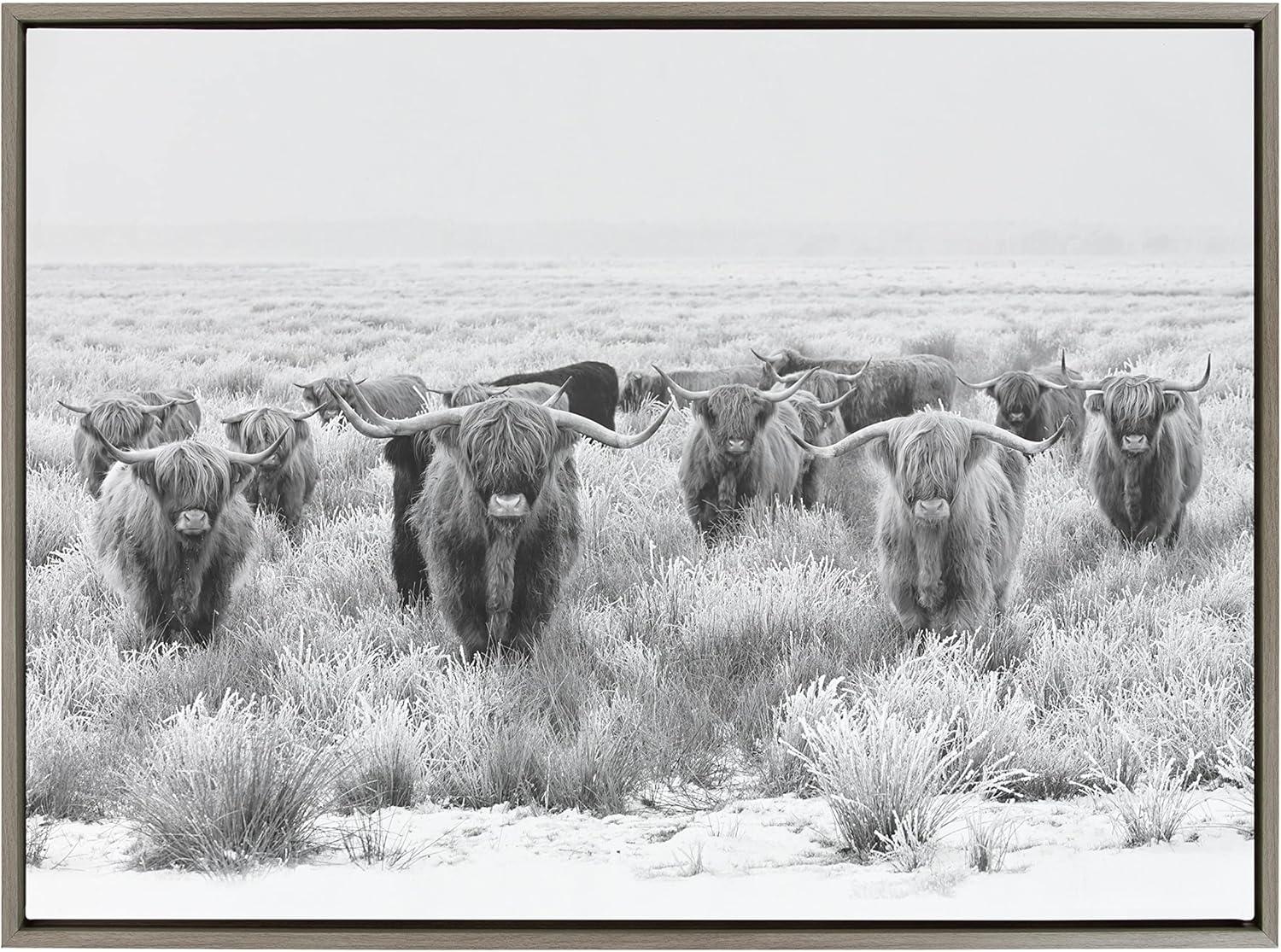 Sylvie Herd of Highland Cows BW Framed Canvas by Creative Bunch - Kate & Laurel All Things Decor