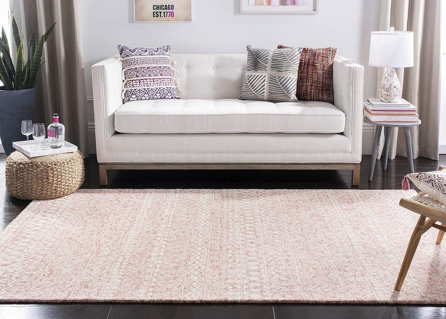 Elegant Pink and Ivory Tufted Wool Area Rug, 10' x 14', Handmade