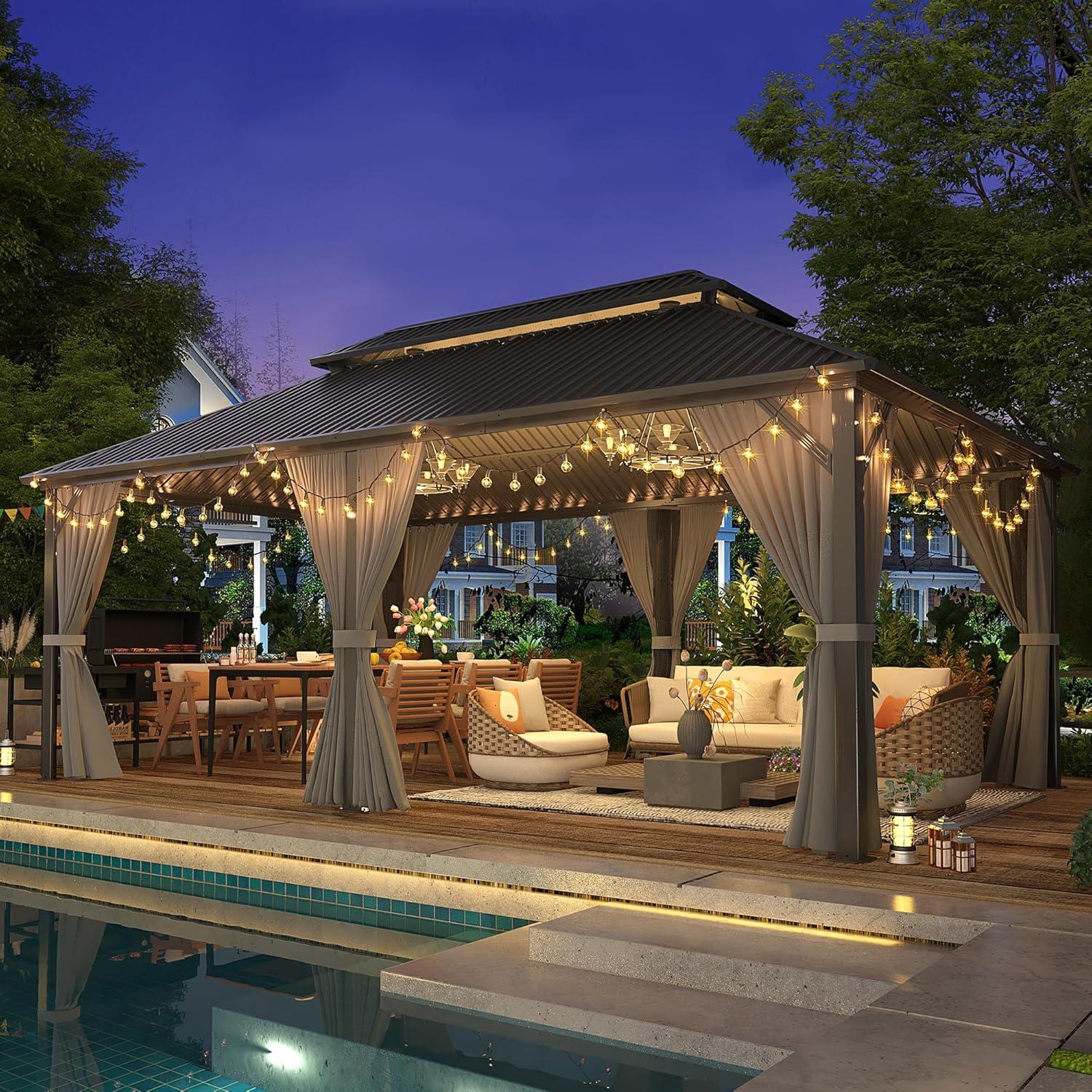 Ulax Furniture 10Ft x 12Ft Patio Hardtop Gazebo Outdoor Aluminum Pergola with Galvanized Steel Double Roof Canopy, Polyester Curtain and Mosquito Net, 10, Brown