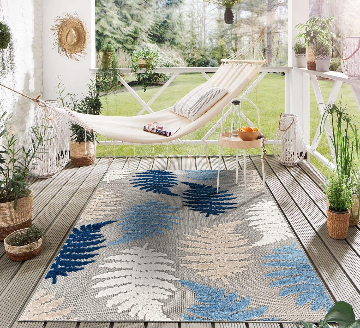 World Rug Gallery Seville Floral Leaves Indoor/Outdoor Area Rug - Blue 7'10" x 10':  Weather-Resistant,  Low Pile,  Botanical