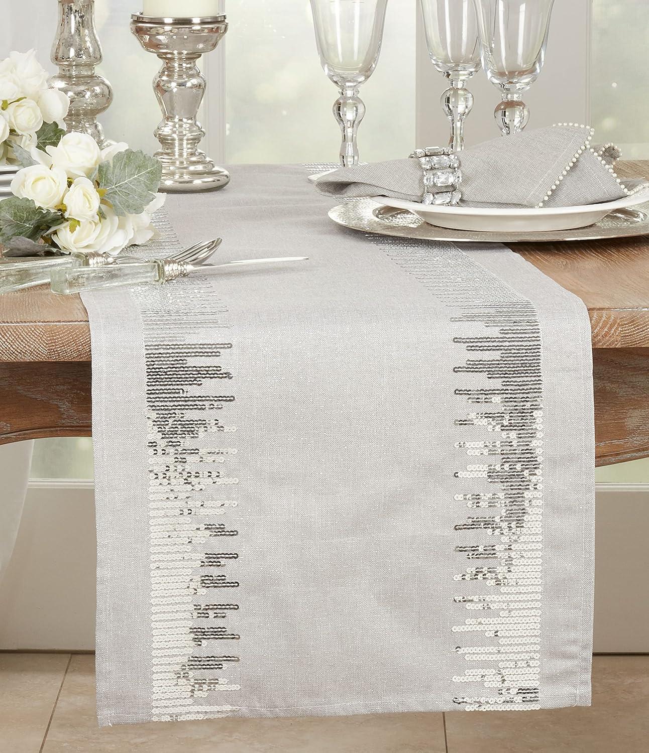 Saro Lifestyle Sequin Border Design Table Runner, Silver, 16" x 72"