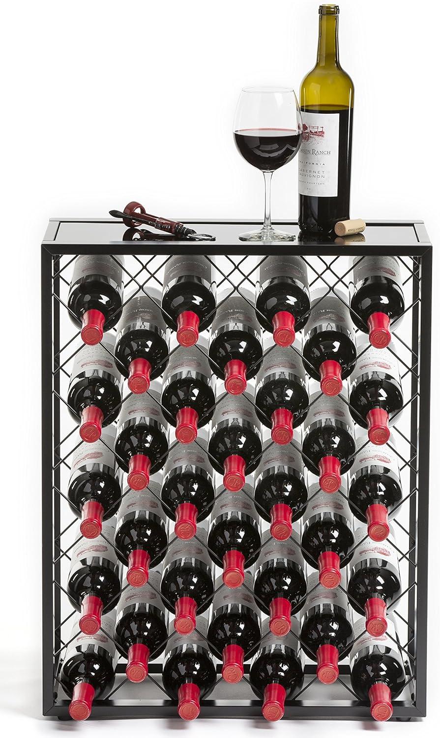 Mango Steam 32 Bottle Wine Rack with Black Glass Top Shelf, Free Standing for Home, Kitchen and Bar