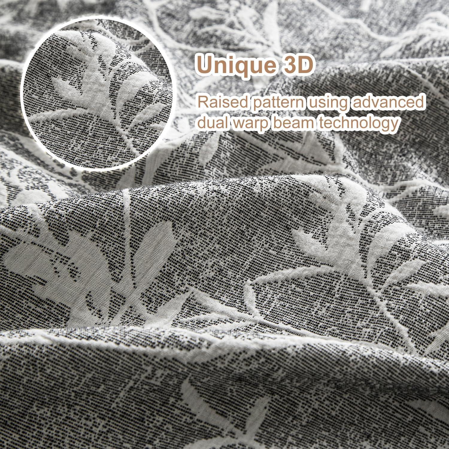 Ivellow Linen Cotton Blend Duvet Cover Set Queen - Jaquard Floral Textured Ultra Soft Breathable Grey Botanical Garden Flower Leaves Branch Bedding Set 3 Pcs