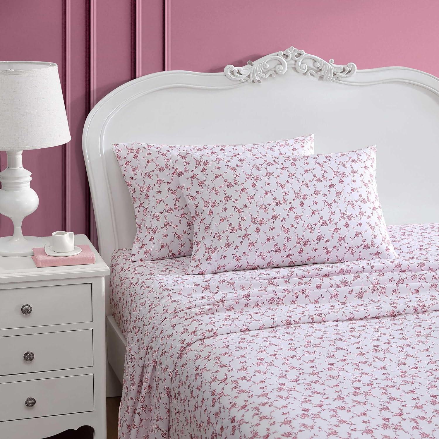 King White and Pink Floral Microfiber Sheet Set