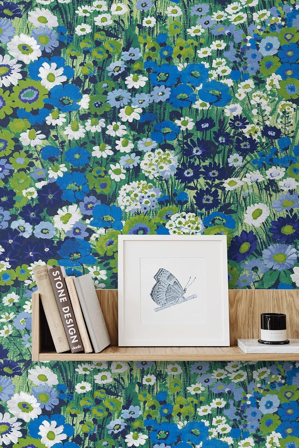 Bright Blue and Sap Green Floral Peel and Stick Wallpaper