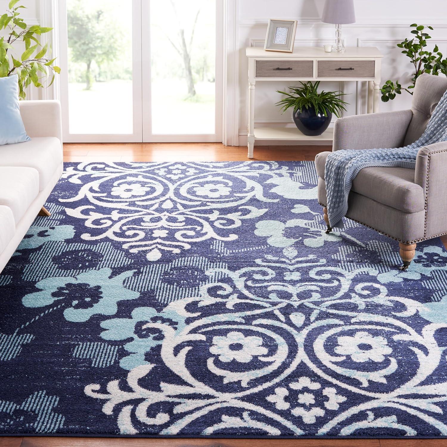 Navy and Aqua Floral Synthetic 9' x 12' Reversible Area Rug