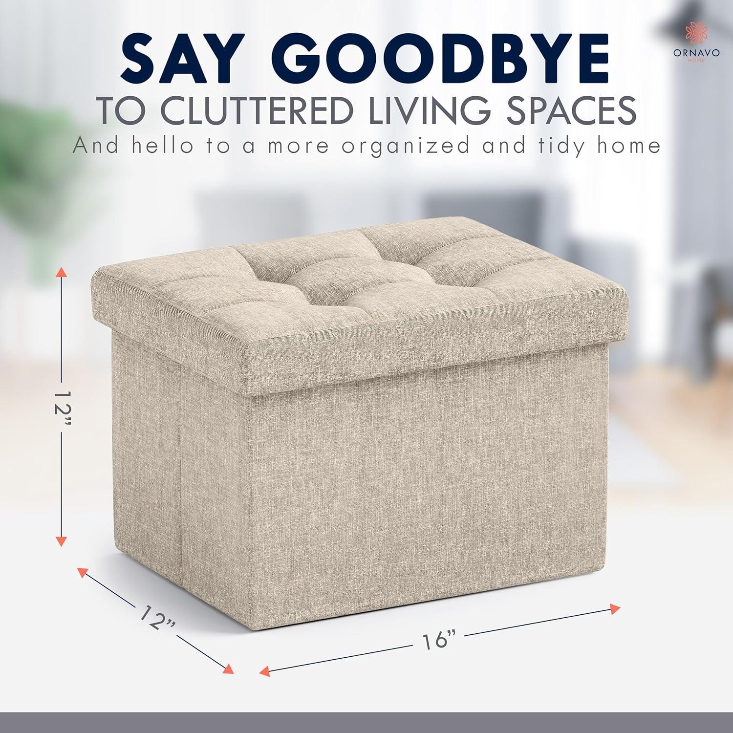 Small White Tufted Linen Foldable Storage Ottoman