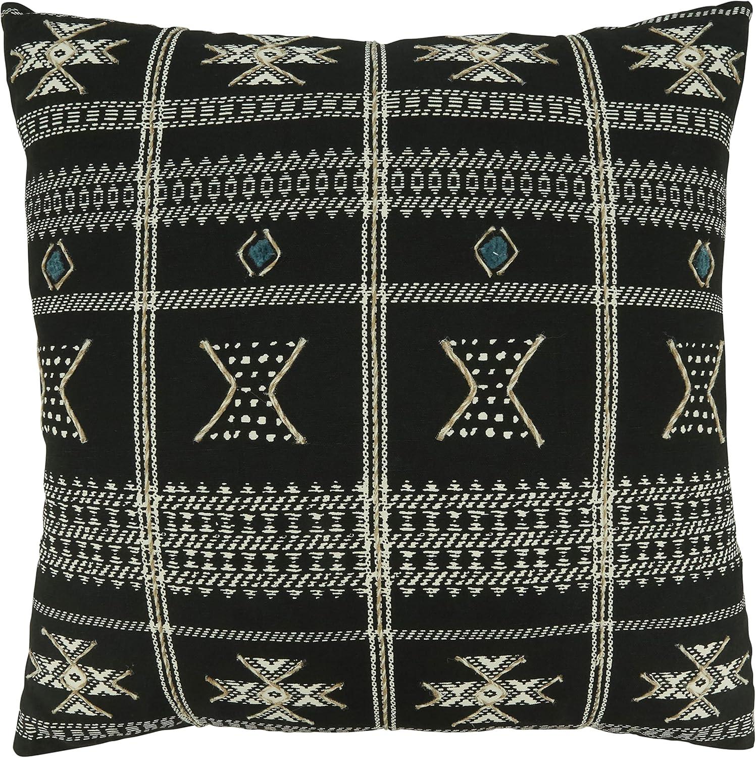 20"x20" Oversize Embroidered Mudcloth Design Square Throw Pillow Cover Black - Saro Lifestyle