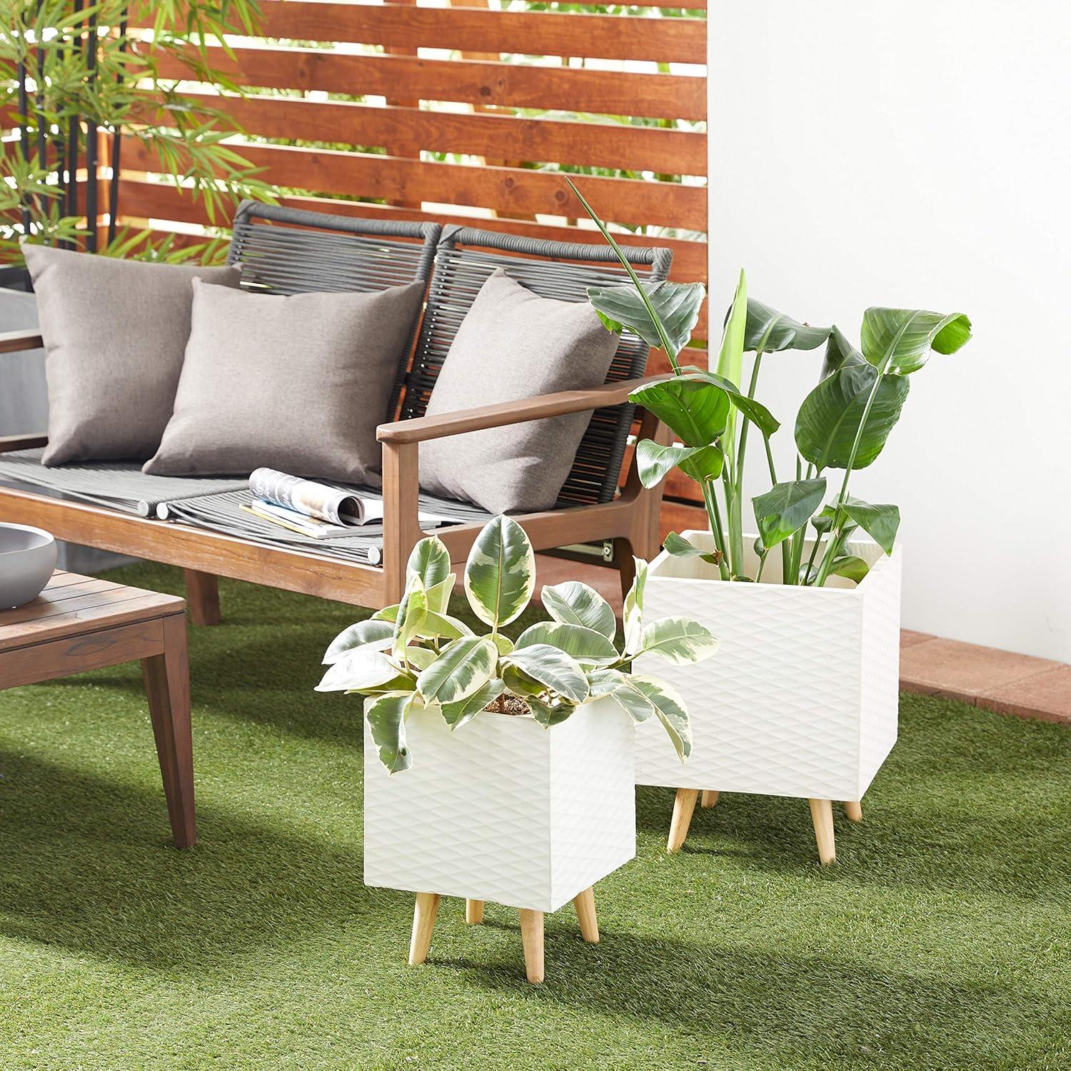 Modern White Textured Square Fiber Clay Planter Set