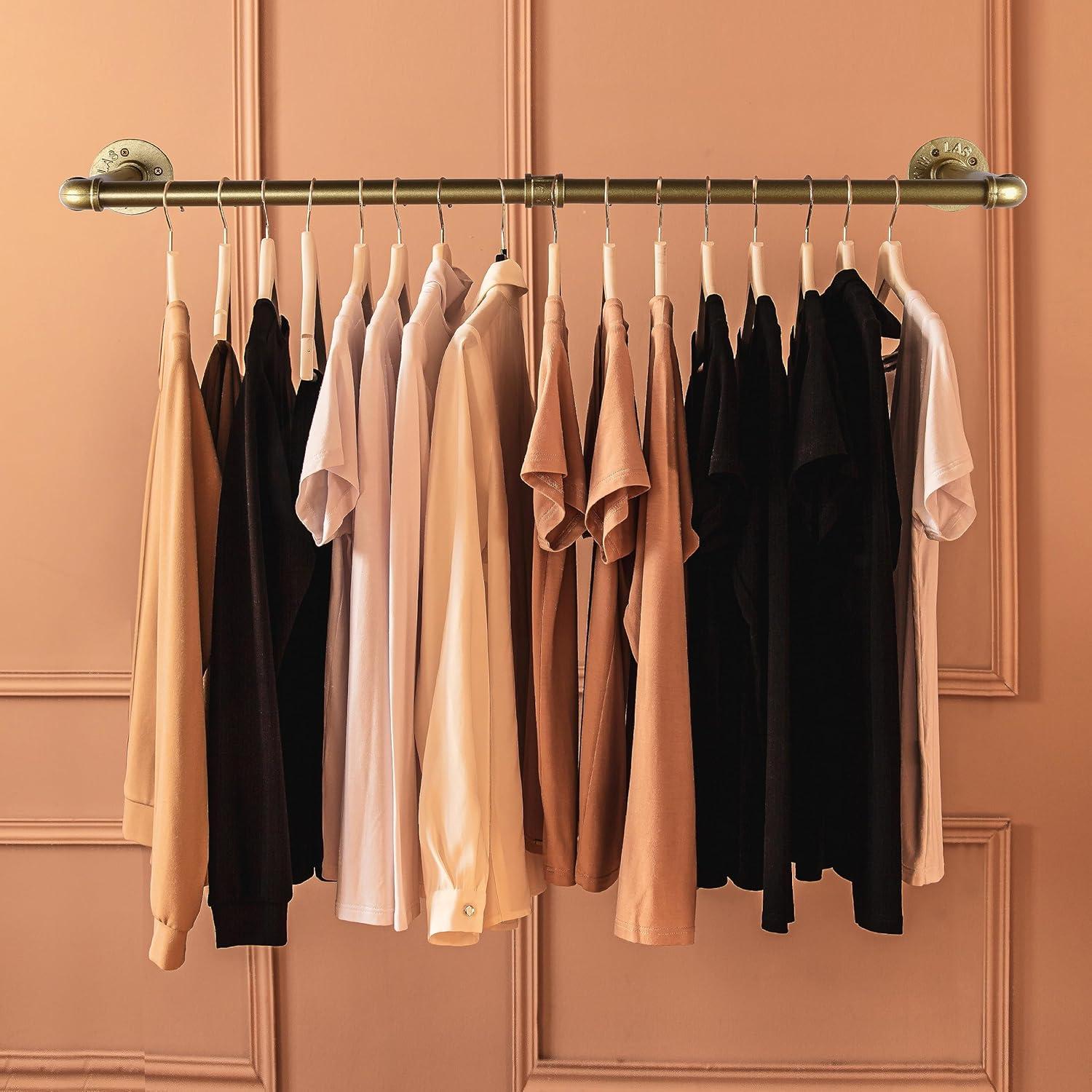 AddGrace 2 Pack Industrial Pipe Clothes Rack Gold Wall Mounted Clothing Rack for Hanging Clothes 34.5 Inch Multi-Purpose Garment Bar for Wardrobe and Laundry Room