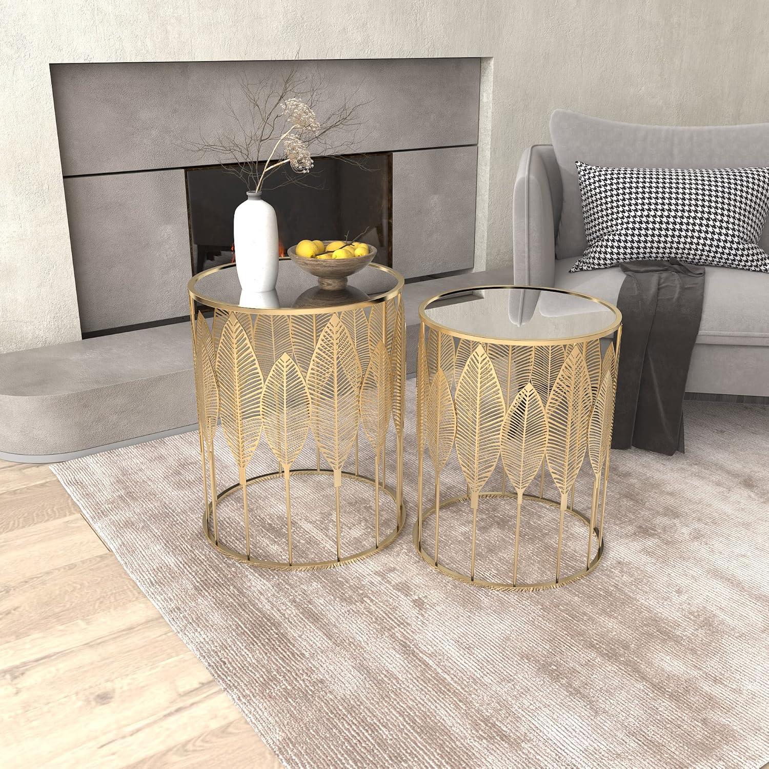 Homebeez End Tables Set of 2, Gold Nesting Side Coffee Table Decorative Round Nightstands (Stainless Steel Top)