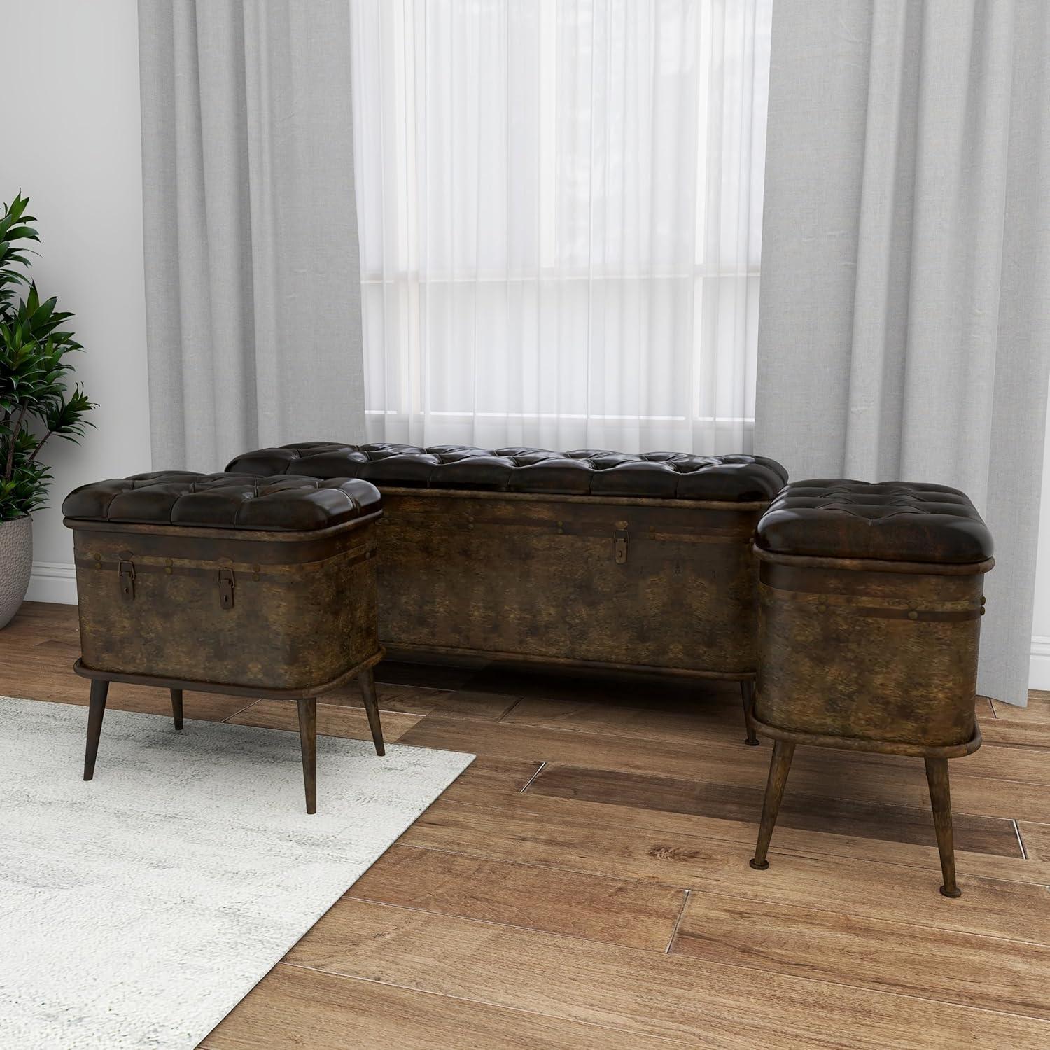 DecMode Metal Storage Bench with Tufted Faux Leather, Brown, Set of 3
