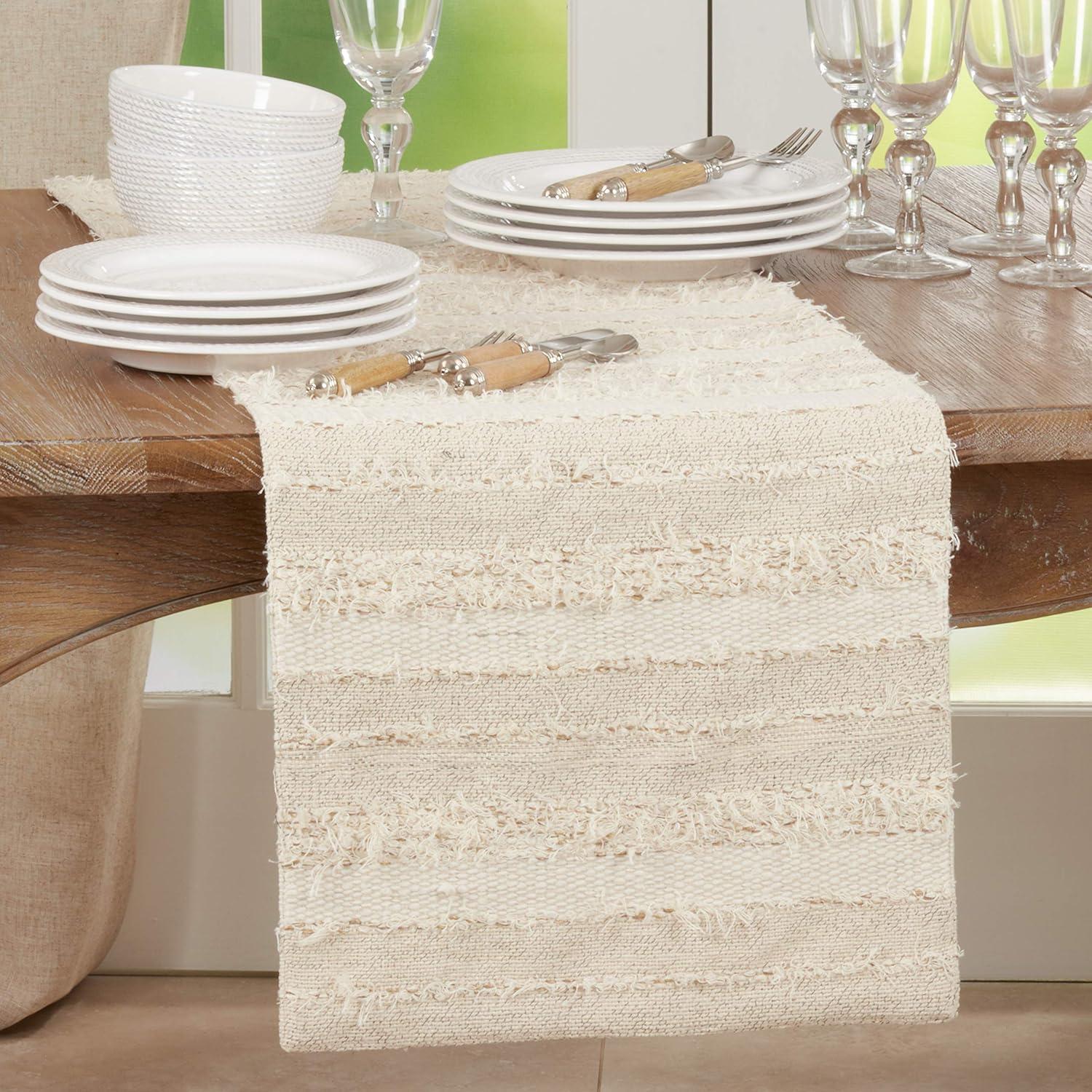 Ivory Cotton Fringe Stripe Table Runner