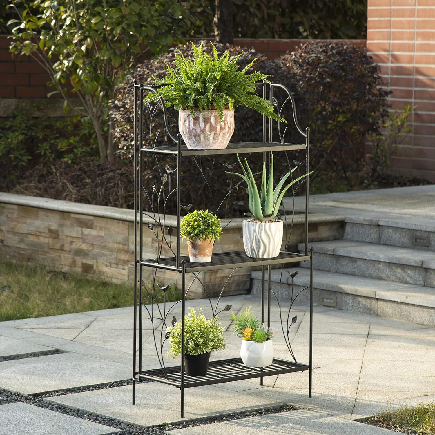 Black Metal 3-Tier Rectangular Plant Stand with Vines and Birds