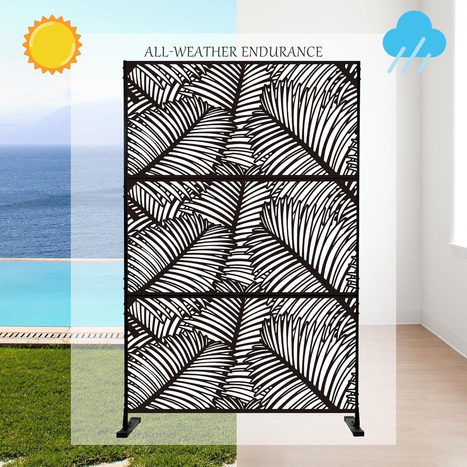 Kozyard Kozyard Metal Privacy Screen Decorative Outdoor Divider With Stand Panels (Black Palm Leaf)