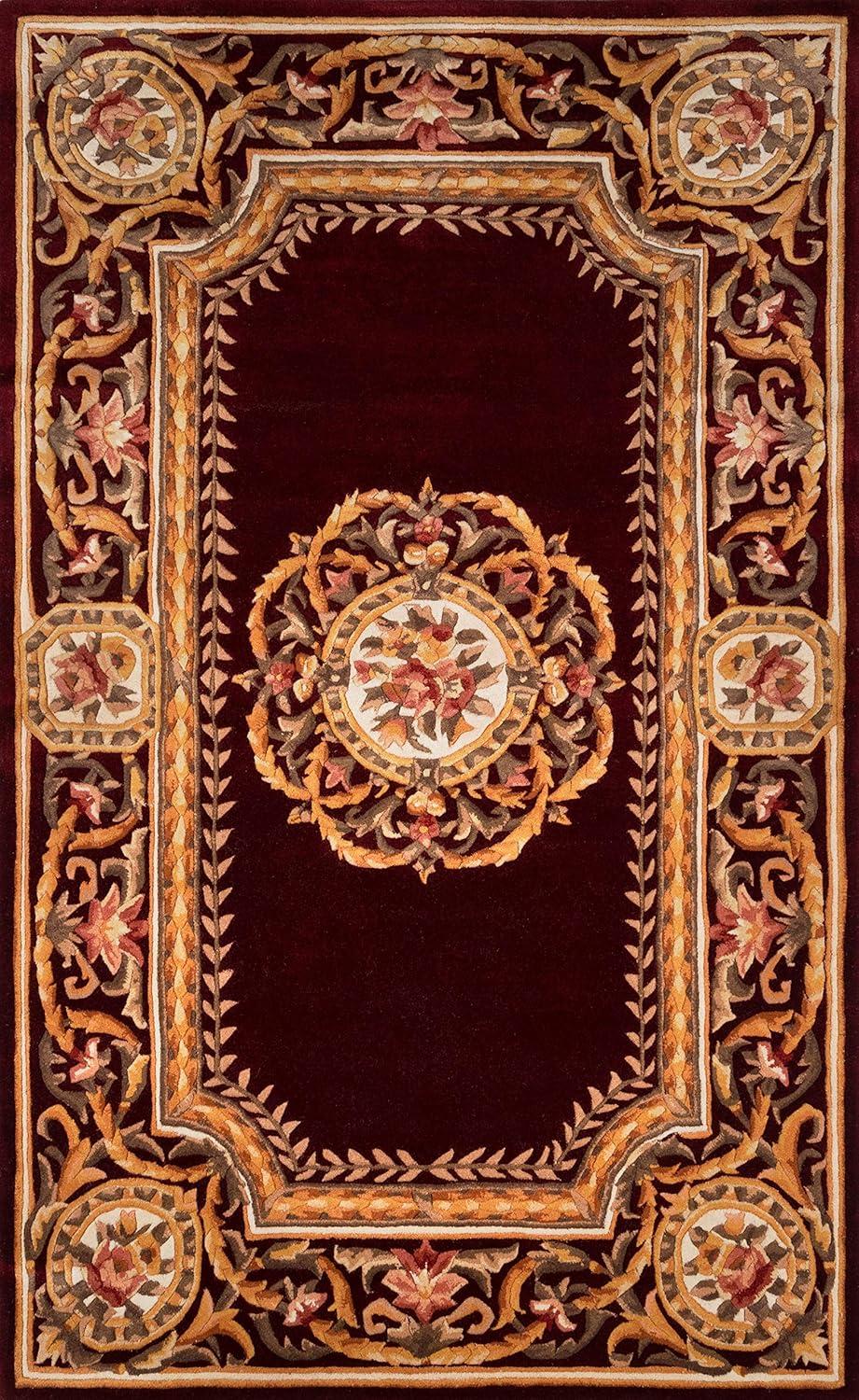 Regal Burgundy Hand-Tufted Wool Rug with Gold Floral Scrolls 8' x 11'