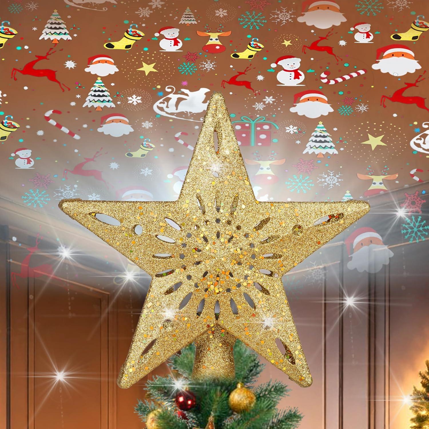 HOUFIY Christmas Tree Topper Lighted with 6 Projection Modes Star Tree Topper Built-in LED Rotating 3D Lighted Glitter Star Decorations Projector Tree Topper for Christmas Tree