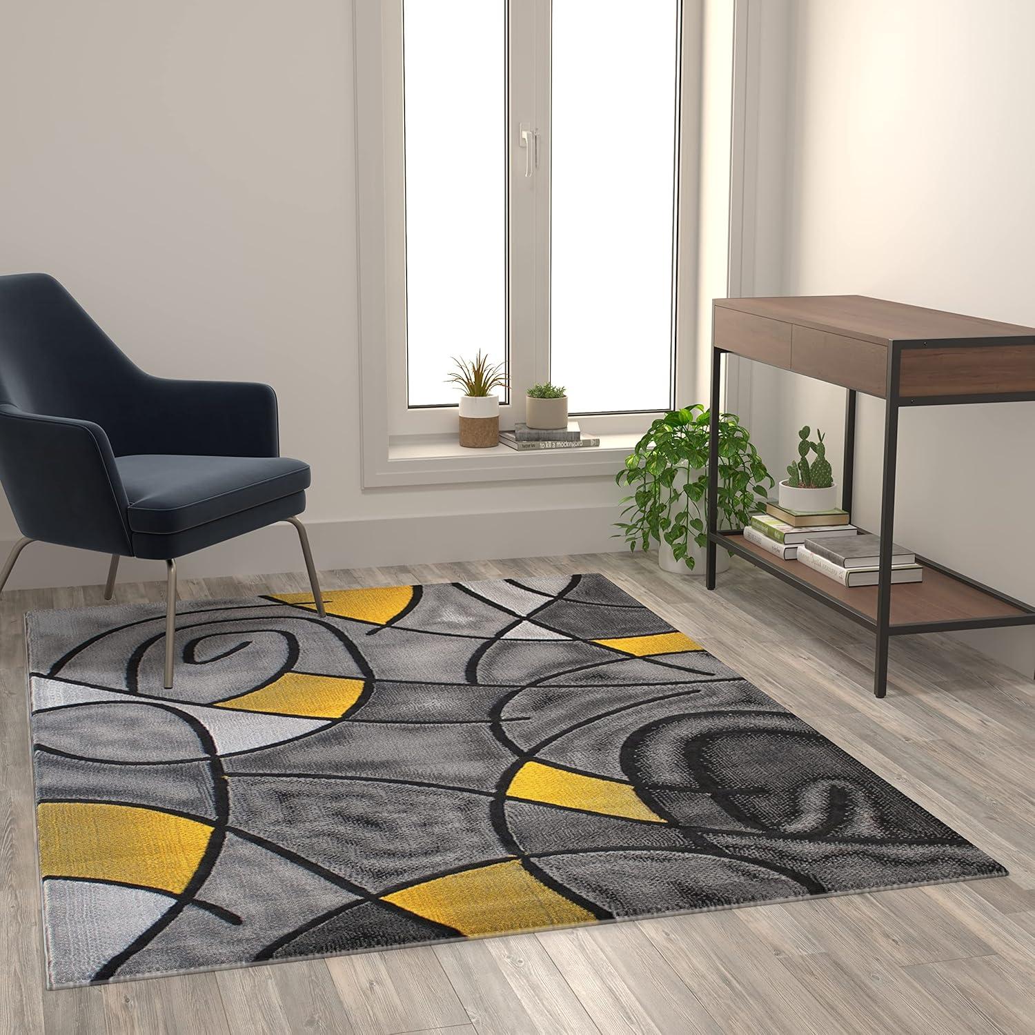 Reversible Abstract Yellow Synthetic 5' x 7' Area Rug