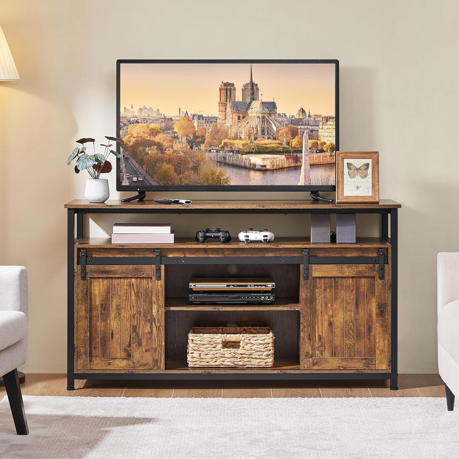 Alden Design Industrial Wooden Television Stand with Sliding Barn Doors for TVs up to 65in, Rustic Brown