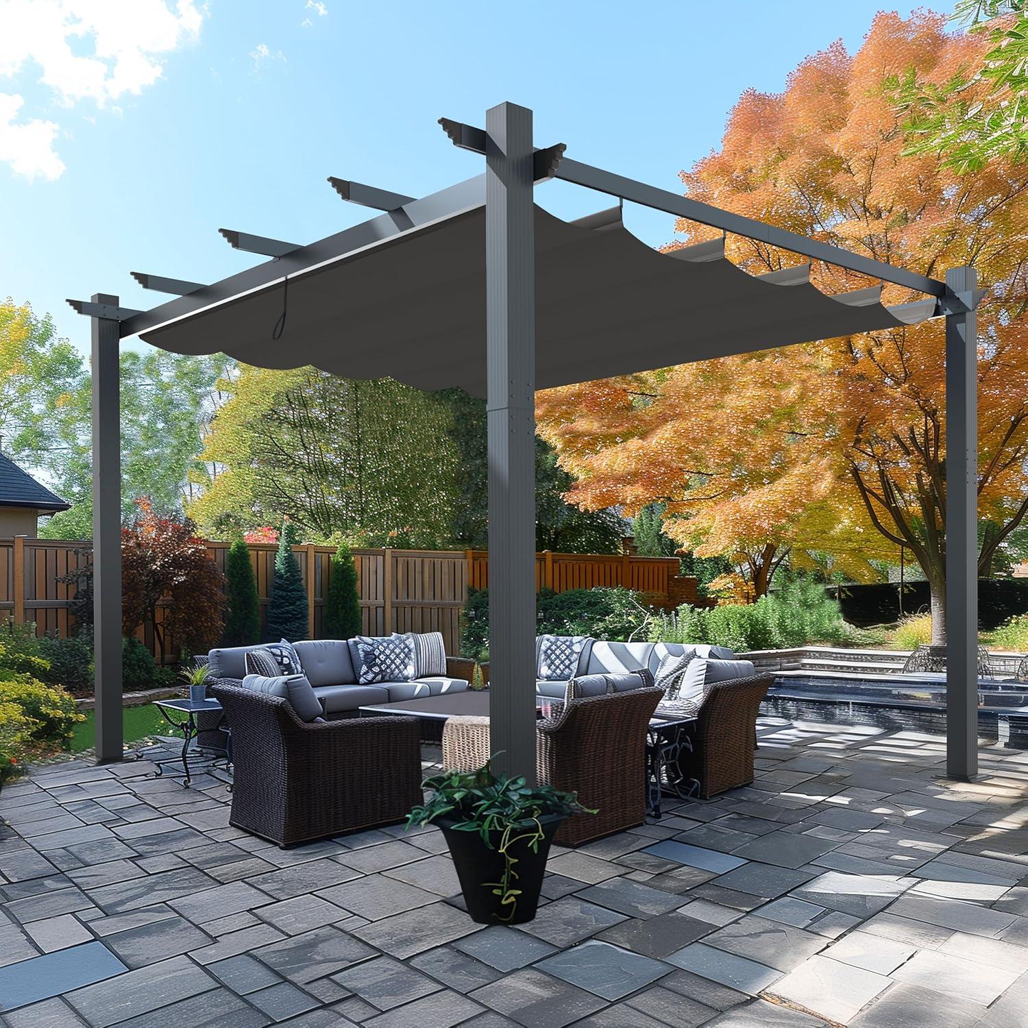 Gray Aluminum Pergola with Retractable Canopy, 13x10 ft