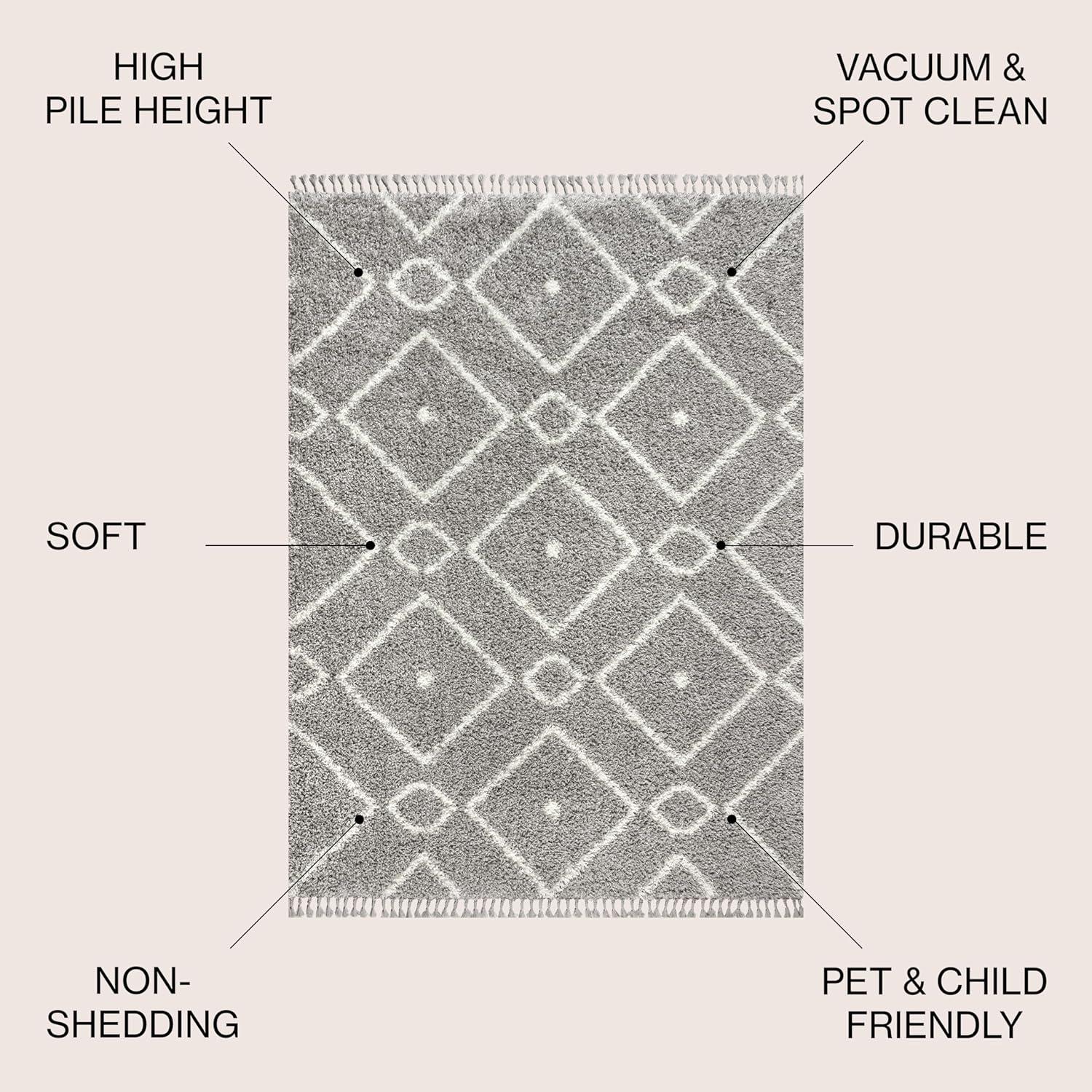 5'x8' Mercer Shag Plush Tassel Moroccan Diamond Area Rug, Grey/Cream - JONATHAN Y
