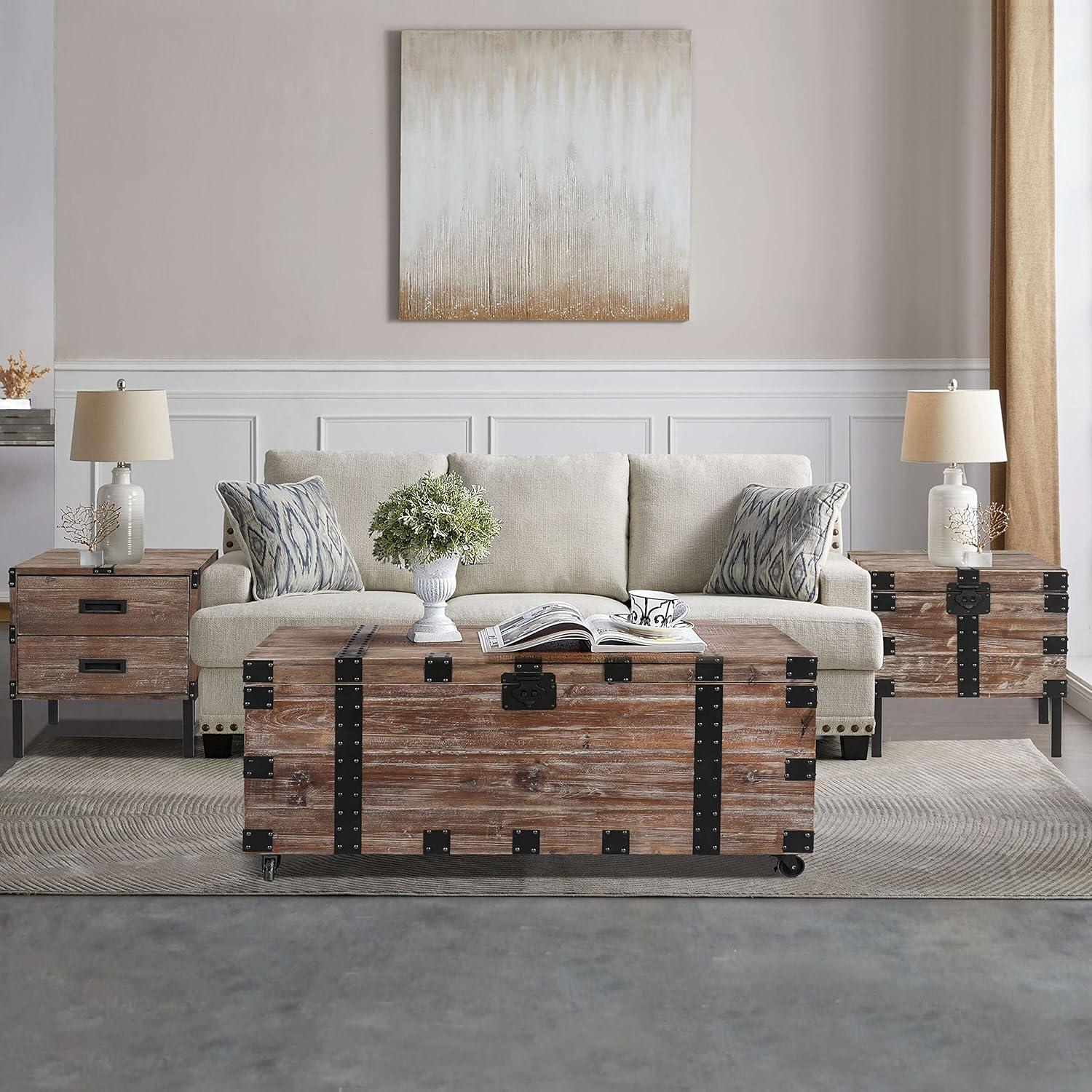 Antique Gray Reclaimed Wood Storage Trunk and Side Tables Set
