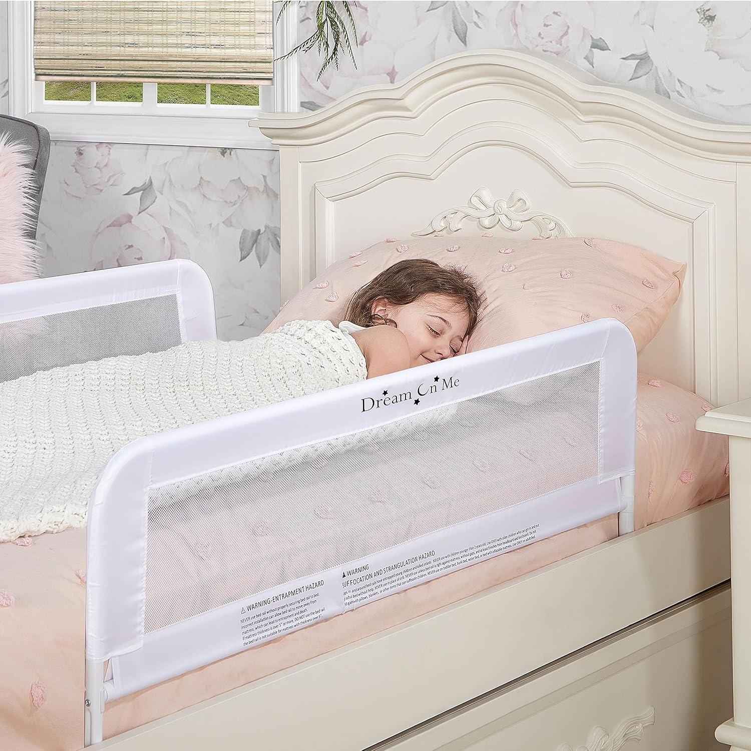 Dream On Me Adjustable Mesh Bed Rail in White, Two Height Levels, Breathable & Durable Fabric, Lightweight and Portable Bed Rail for Toddlers