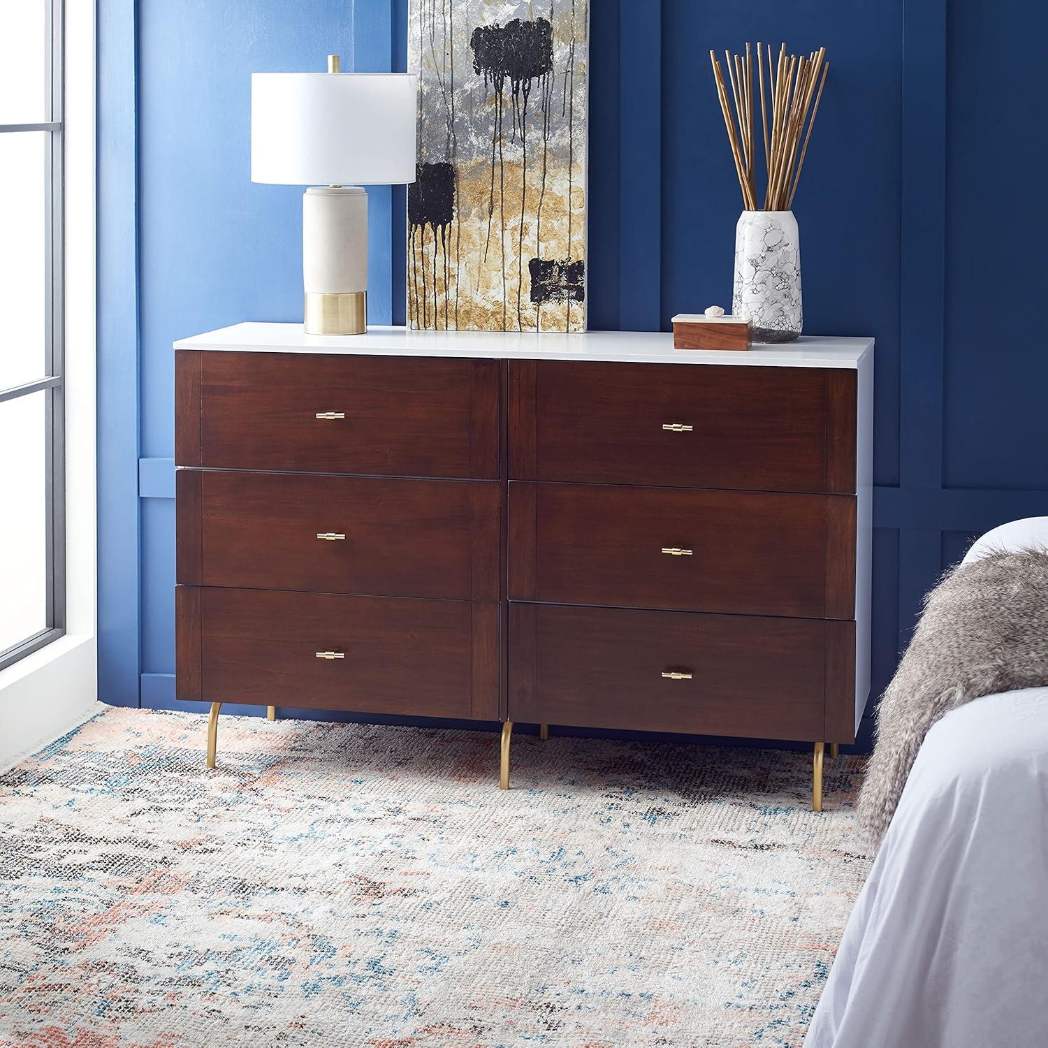 Genevieve Walnut and White 6-Drawer Dresser with Gold Accents