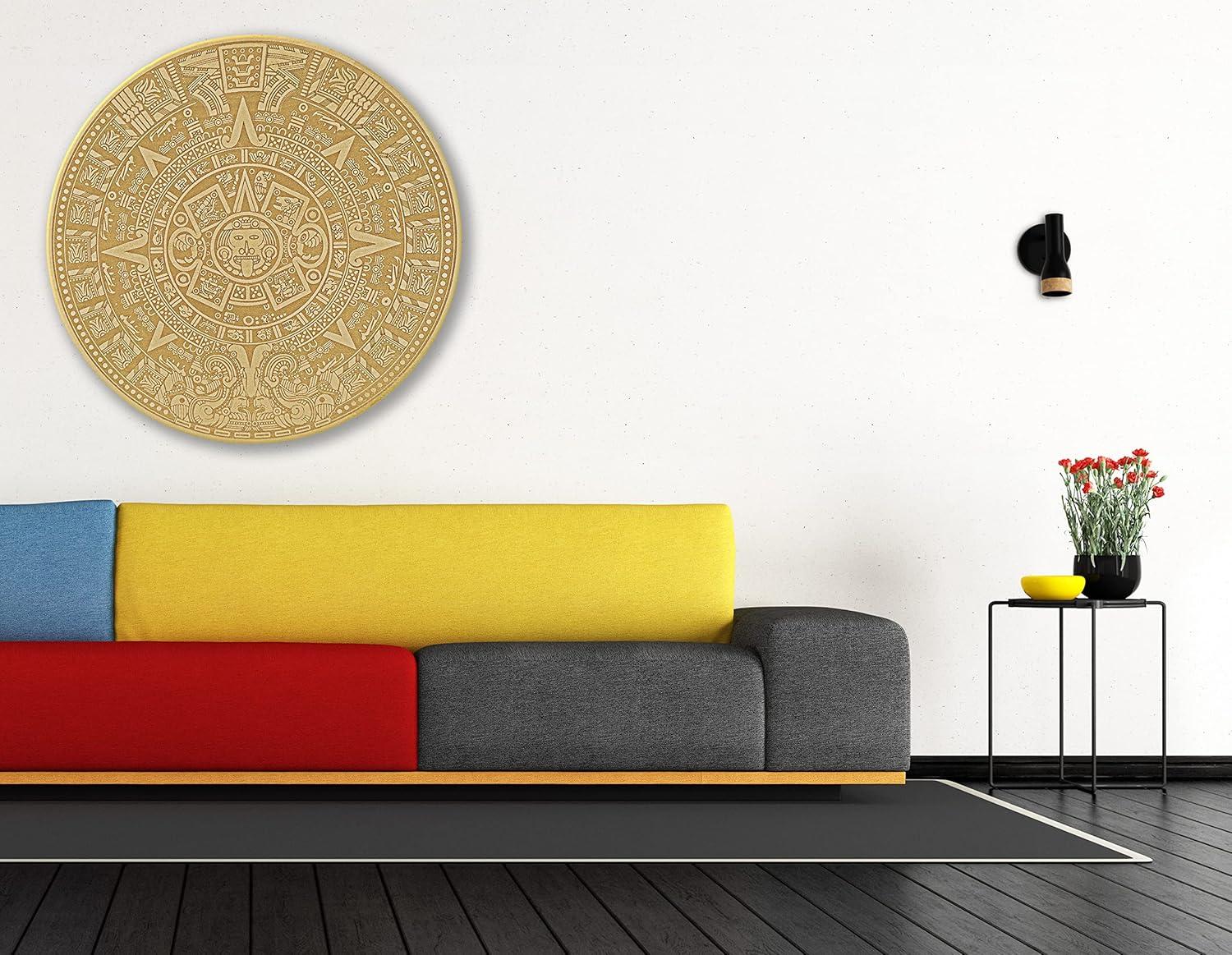 Urbalabs Wood Aztec Calendar Wall Decor 12" Inch Wall Hanging Mexico Aztec Calendar Mayan Calendar Cinco De Mayo Mexican Sun Azteca Calendario Laser Engraved Made In USA (12 Inch)
